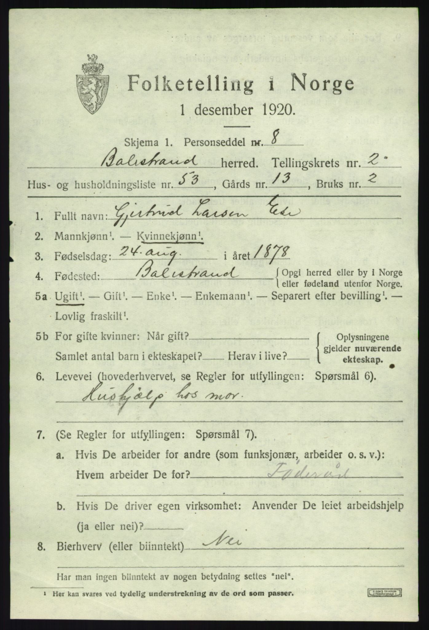 SAB, 1920 census for Balestrand, 1920, p. 1836