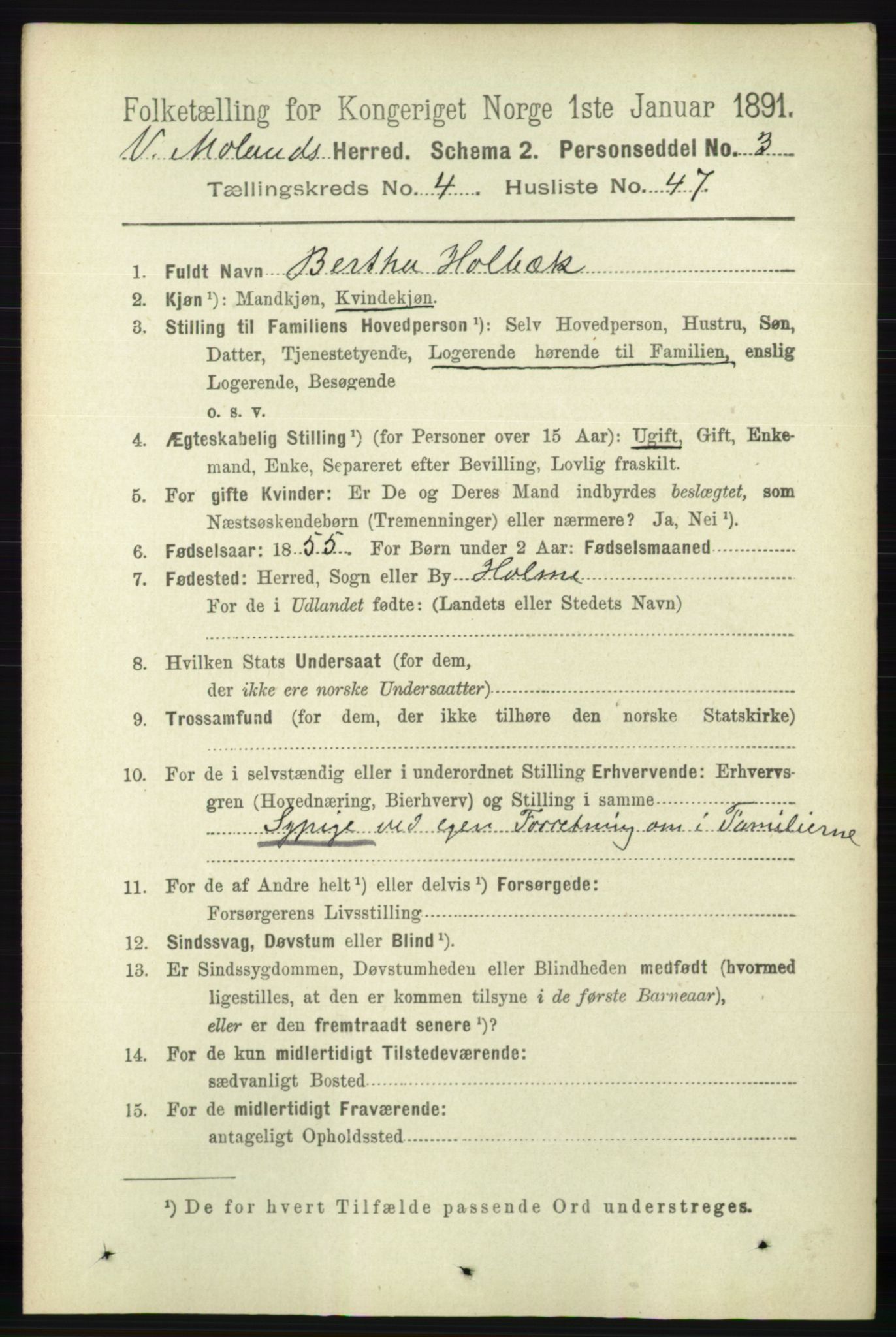 RA, 1891 census for 0926 Vestre Moland, 1891, p. 1572