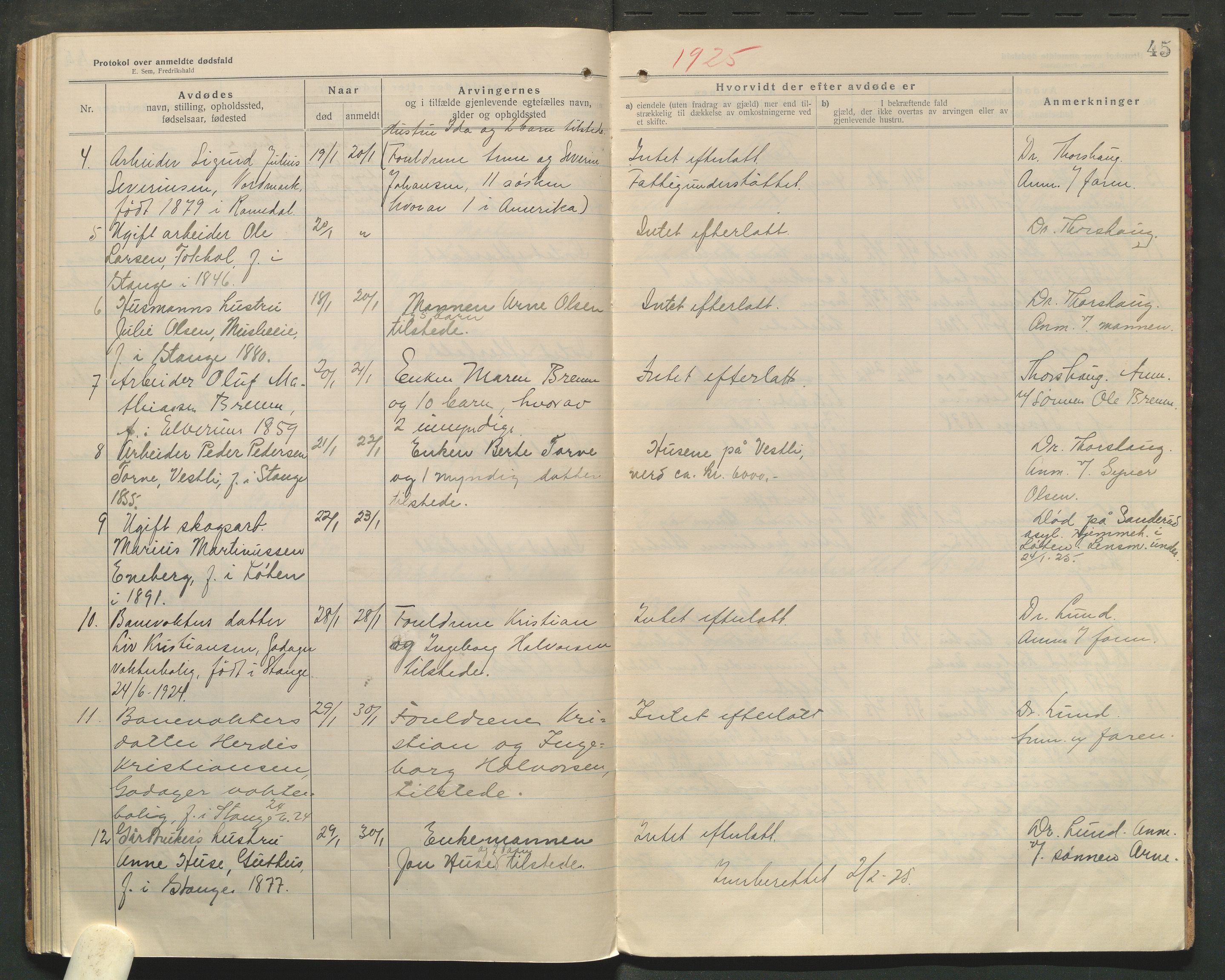 Stange lensmannskontor, SAH/LHS-020/H/Ha/Haa/L0001/0004: Dødsfallsprotokoller / Dødsfallsprotokoll, 1921-1925, p. 45