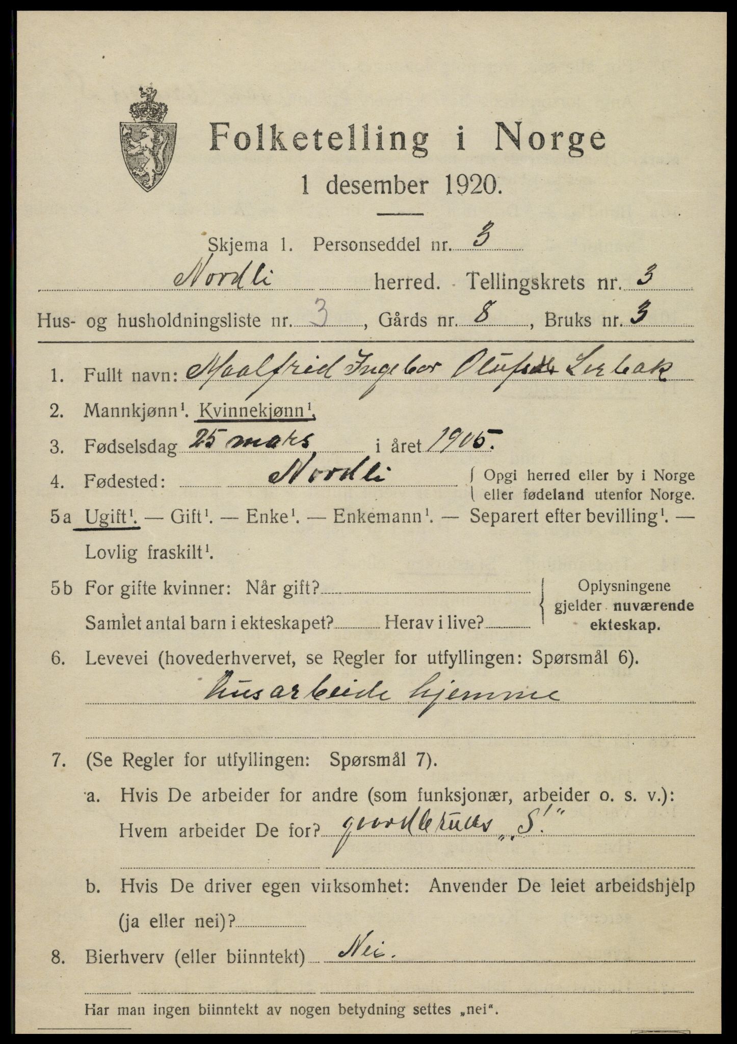 SAT, 1920 census for Nordli, 1920, p. 1435