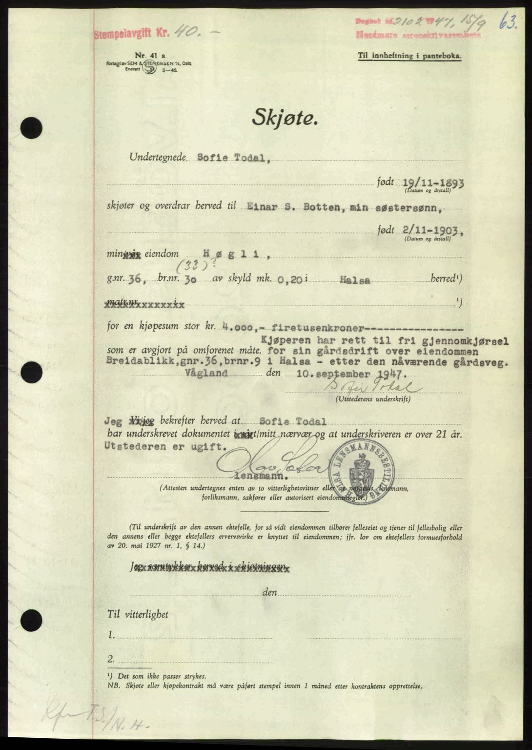 Nordmøre sorenskriveri, AV/SAT-A-4132/1/2/2Ca: Mortgage book no. A106, 1947-1947, Diary no: : 2102/1947