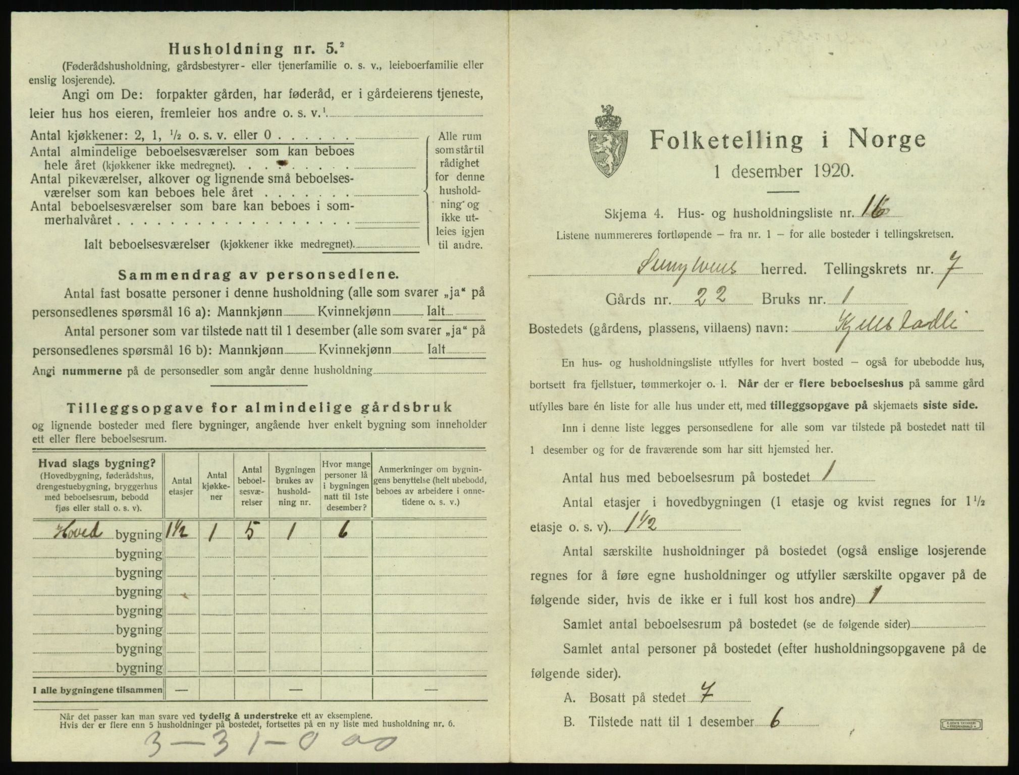 SAT, 1920 census for Sunnylven, 1920, p. 390