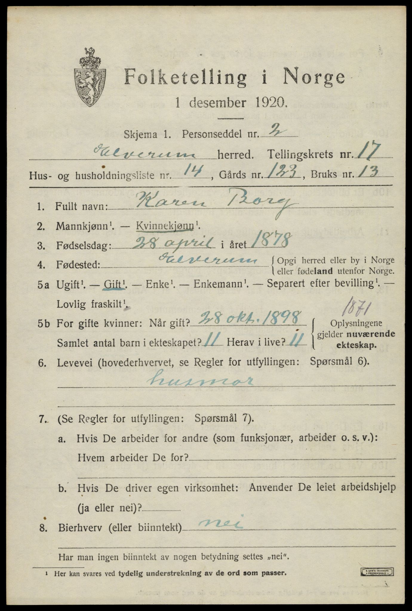 SAH, 1920 census for Elverum, 1920, p. 21434