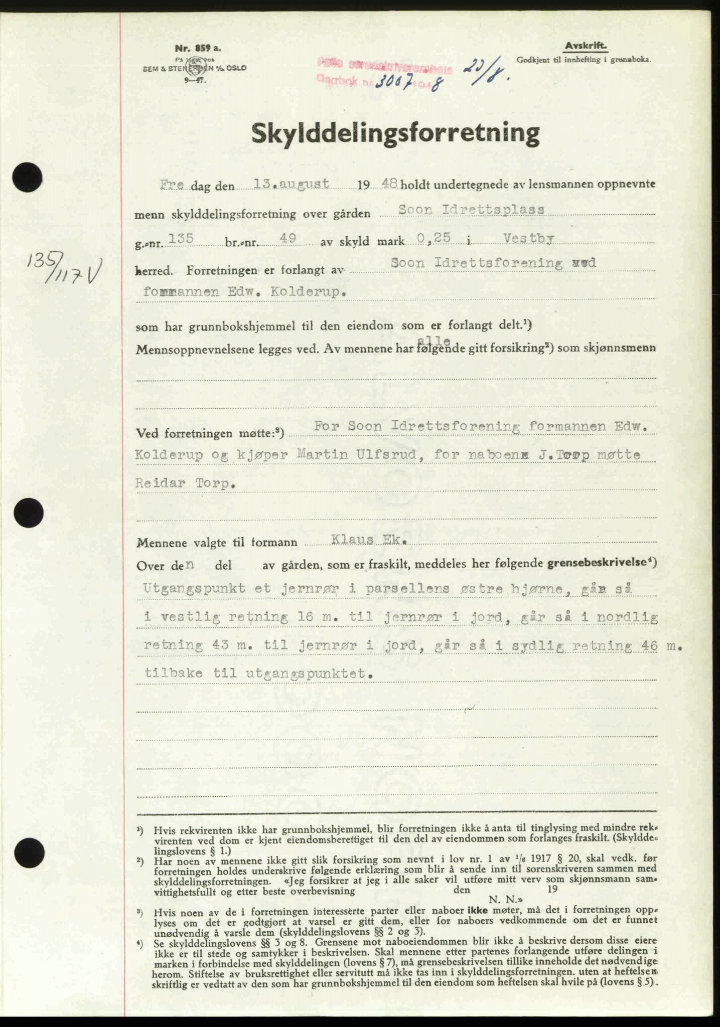 Follo sorenskriveri, AV/SAO-A-10274/G/Ga/Gaa/L0085: Mortgage book no. I 85, 1948-1948, Diary no: : 3007/1948