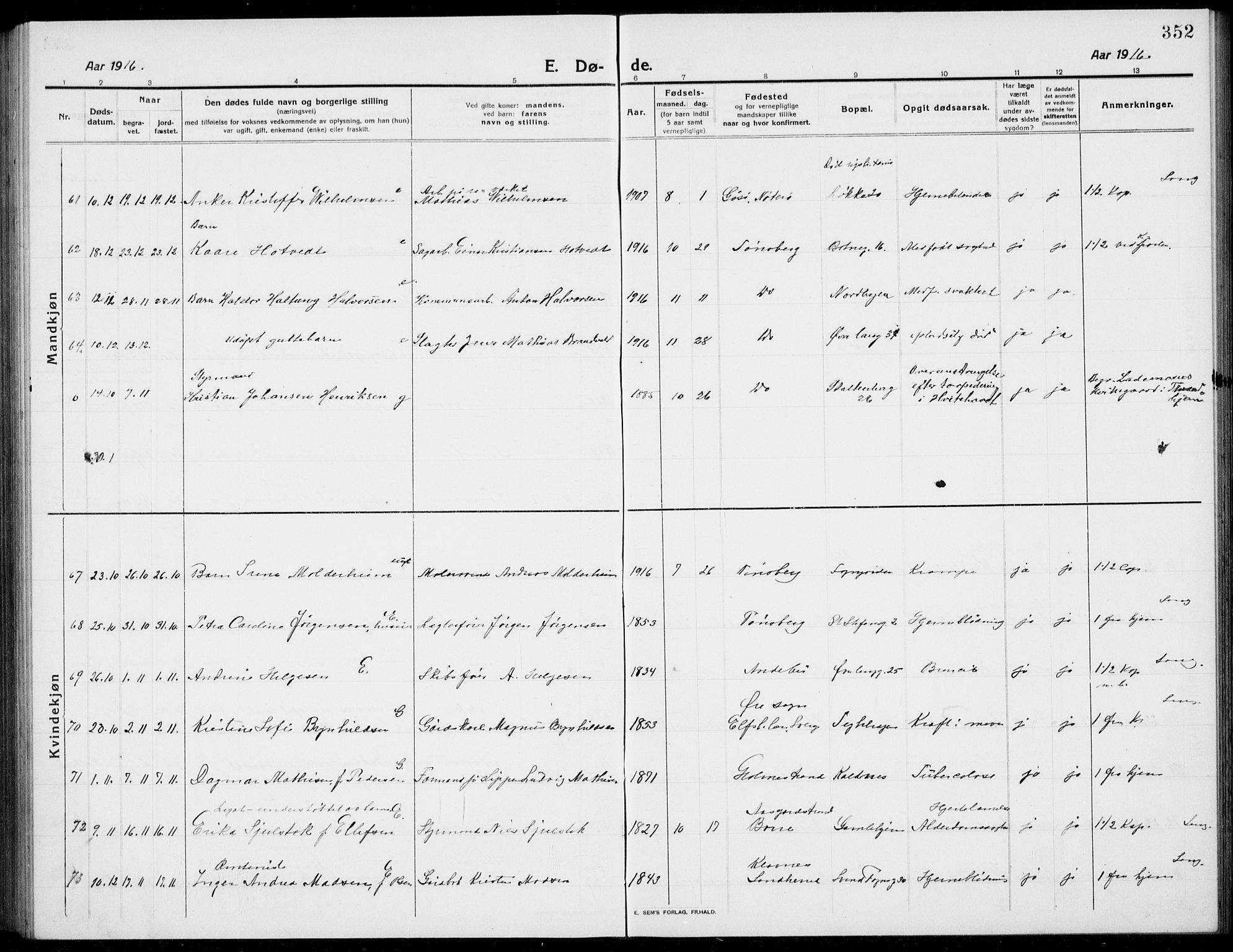 Tønsberg kirkebøker, AV/SAKO-A-330/G/Ga/L0009: Parish register (copy) no. 9, 1913-1920, p. 352