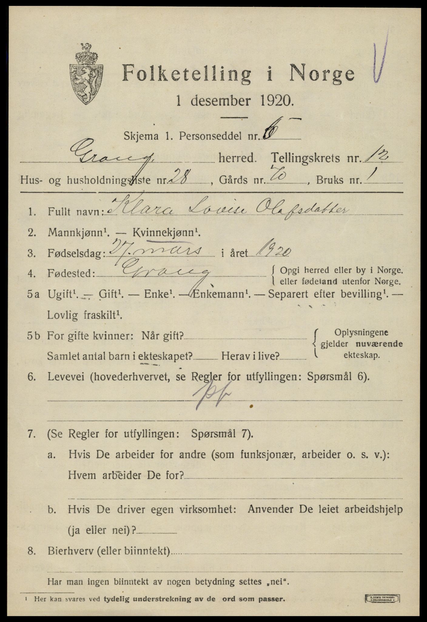 SAT, 1920 census for Grong, 1920, p. 7045