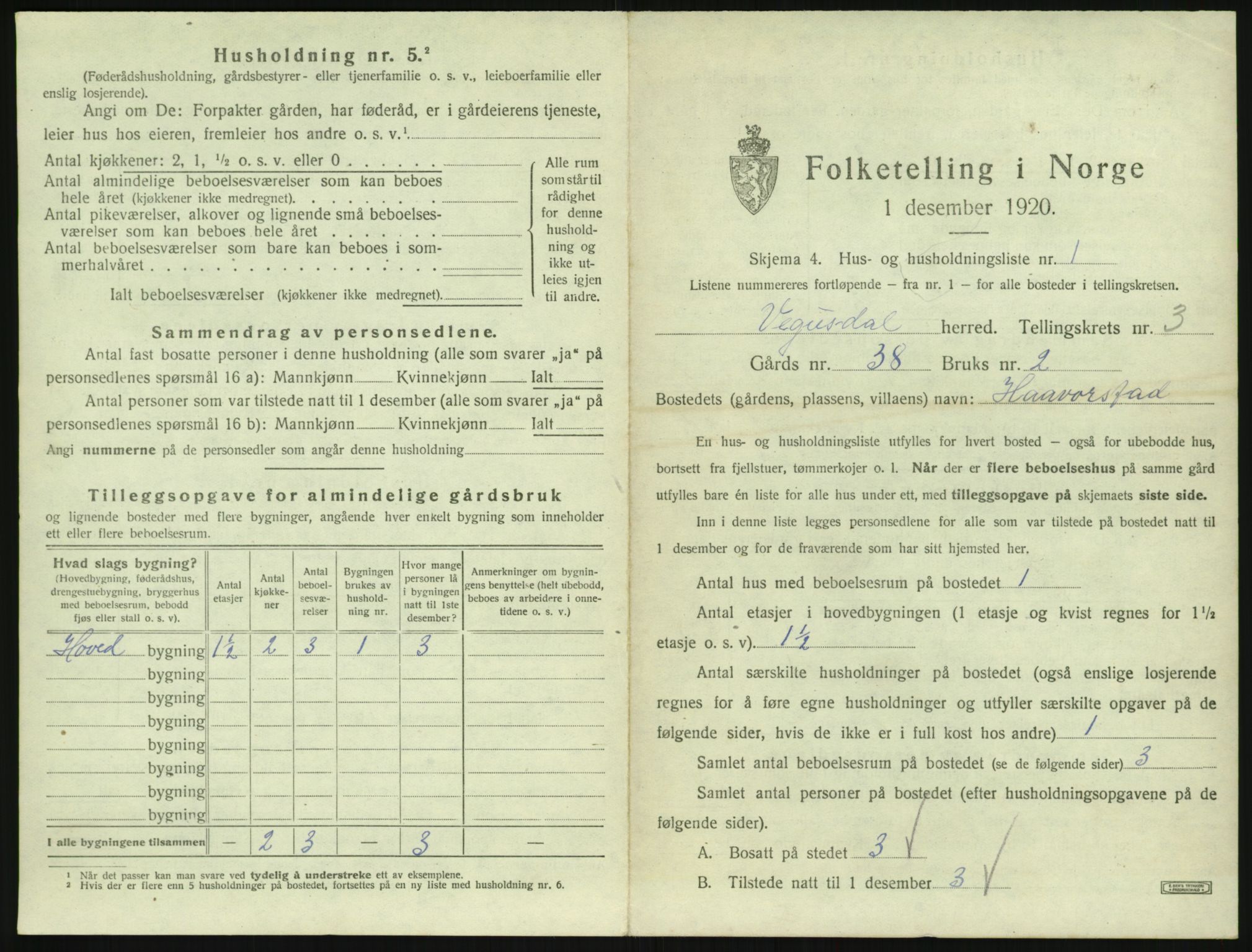 SAK, 1920 census for Vegusdal, 1920, p. 117