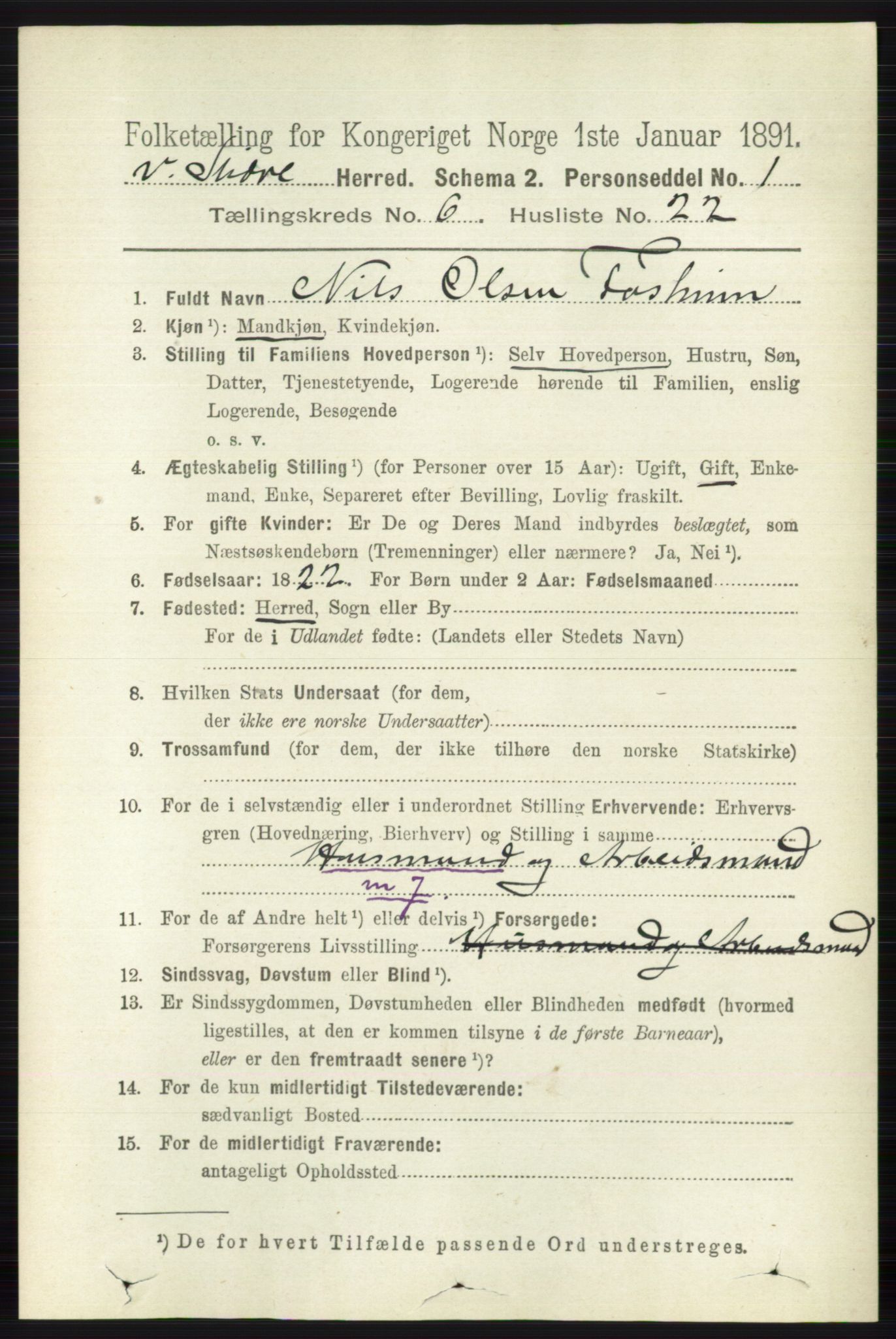 RA, 1891 census for 0543 Vestre Slidre, 1891, p. 2187