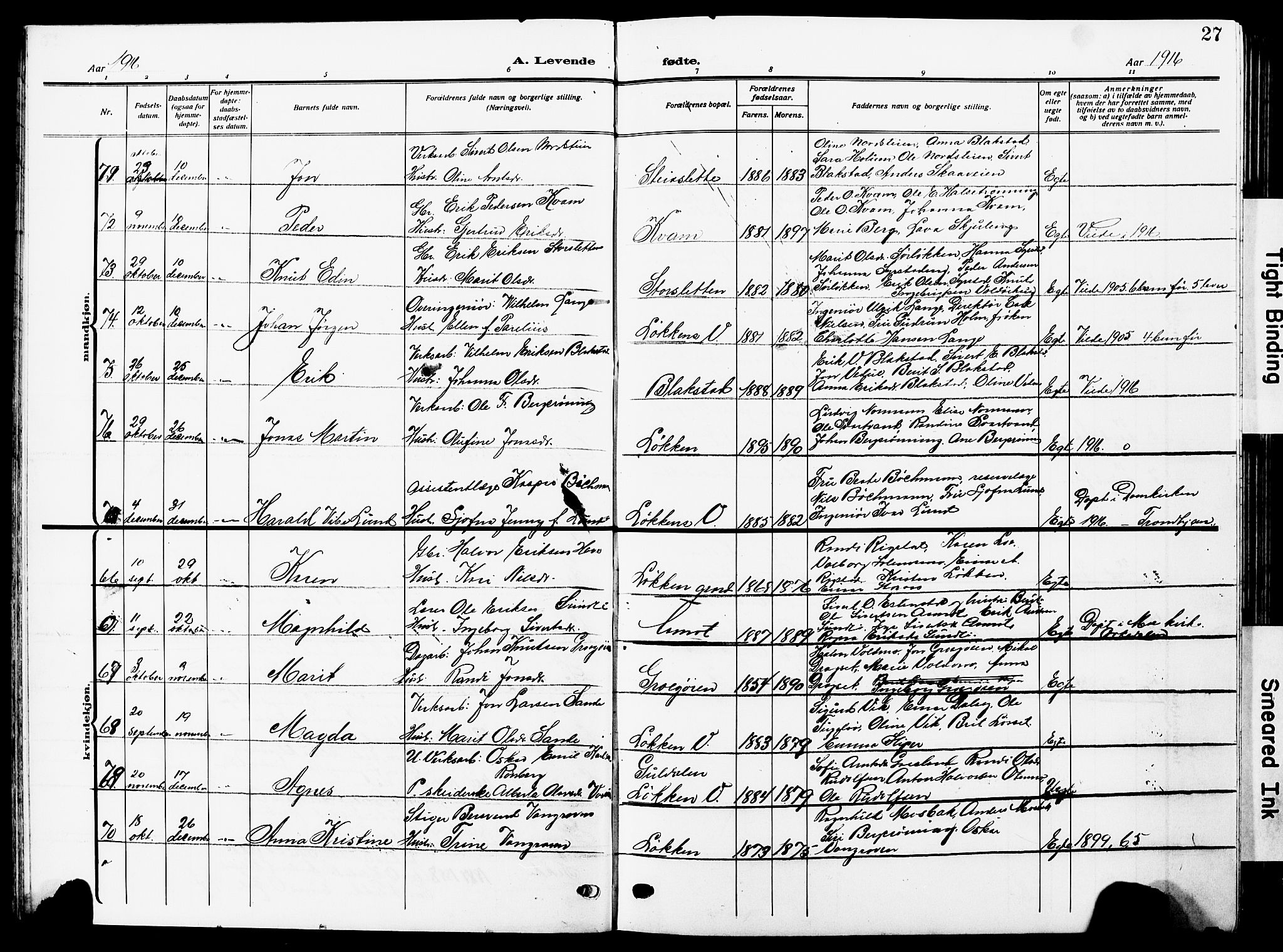Ministerialprotokoller, klokkerbøker og fødselsregistre - Sør-Trøndelag, SAT/A-1456/672/L0865: Parish register (copy) no. 672C04, 1914-1928, p. 27