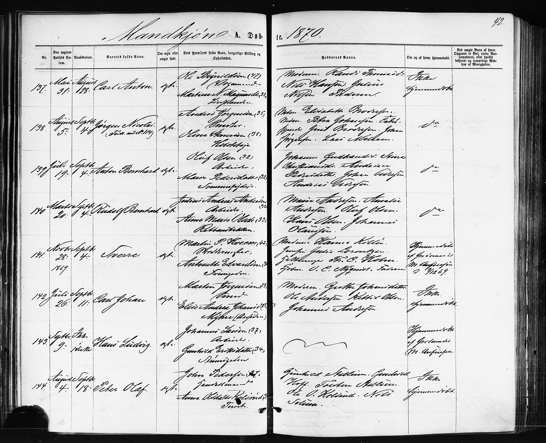 Bragernes kirkebøker, AV/SAKO-A-6/F/Fb/L0004: Parish register (official) no. II 4, 1869-1875, p. 42