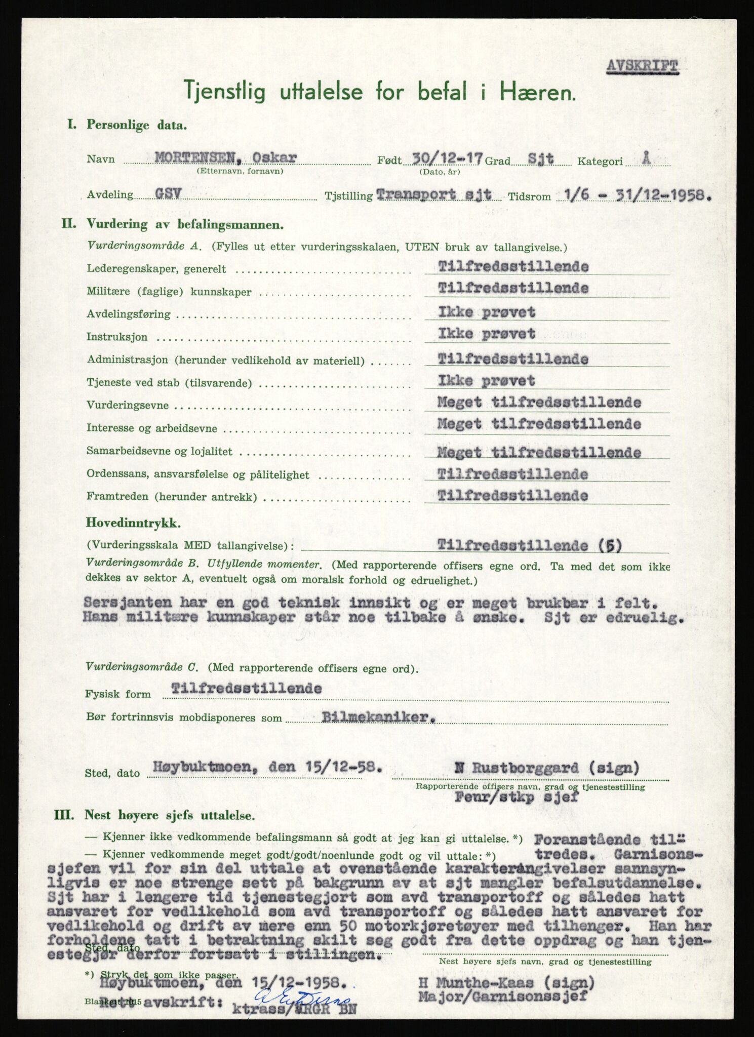 Forsvaret, Varanger bataljon, AV/RA-RAFA-2258/1/D/L0456: Rulleblad og tjenesteuttalelser for befal født 1916-1919 og 1921-1923, 1916-1923, p. 191