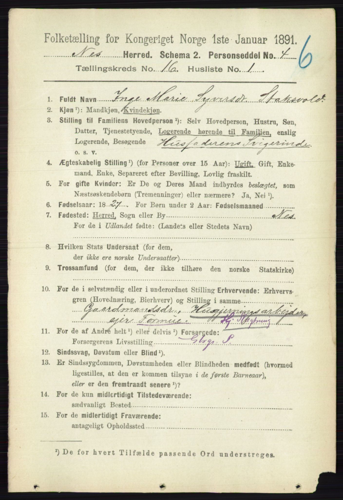 RA, 1891 census for 0236 Nes, 1891, p. 9552