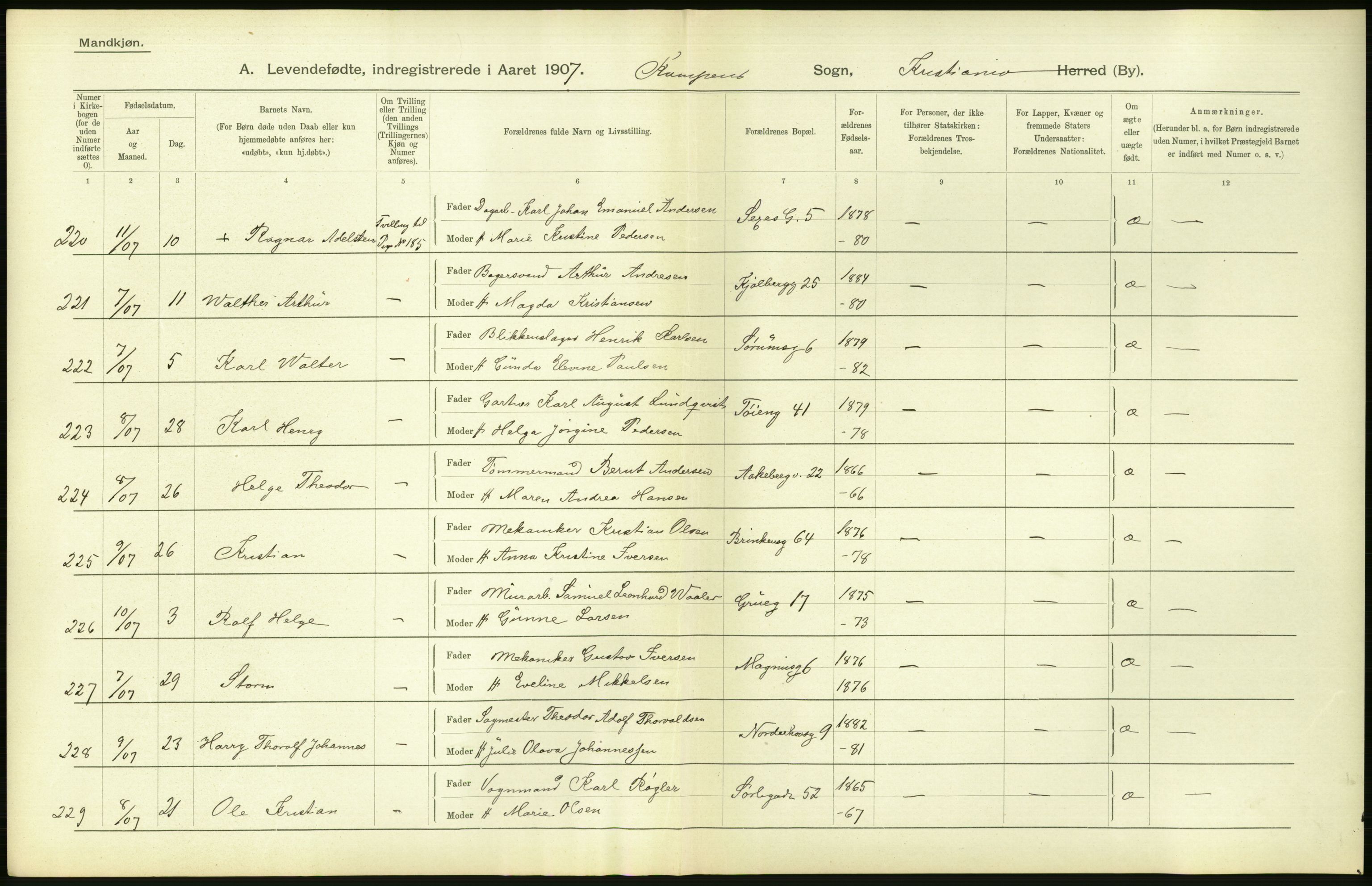 Statistisk sentralbyrå, Sosiodemografiske emner, Befolkning, AV/RA-S-2228/D/Df/Dfa/Dfae/L0007: Kristiania: Levendefødte menn og kvinner., 1907, p. 432