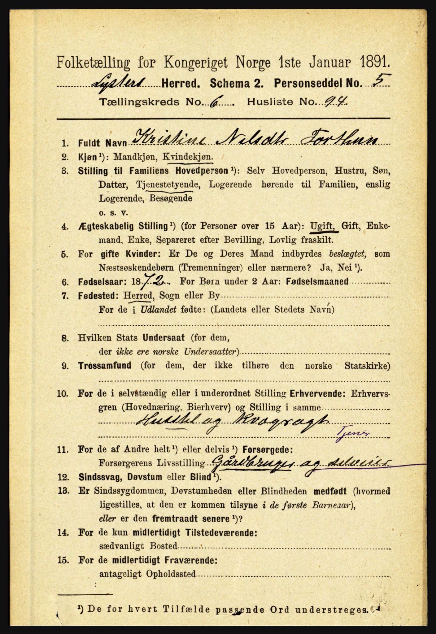 RA, 1891 census for 1426 Luster, 1891, p. 2594