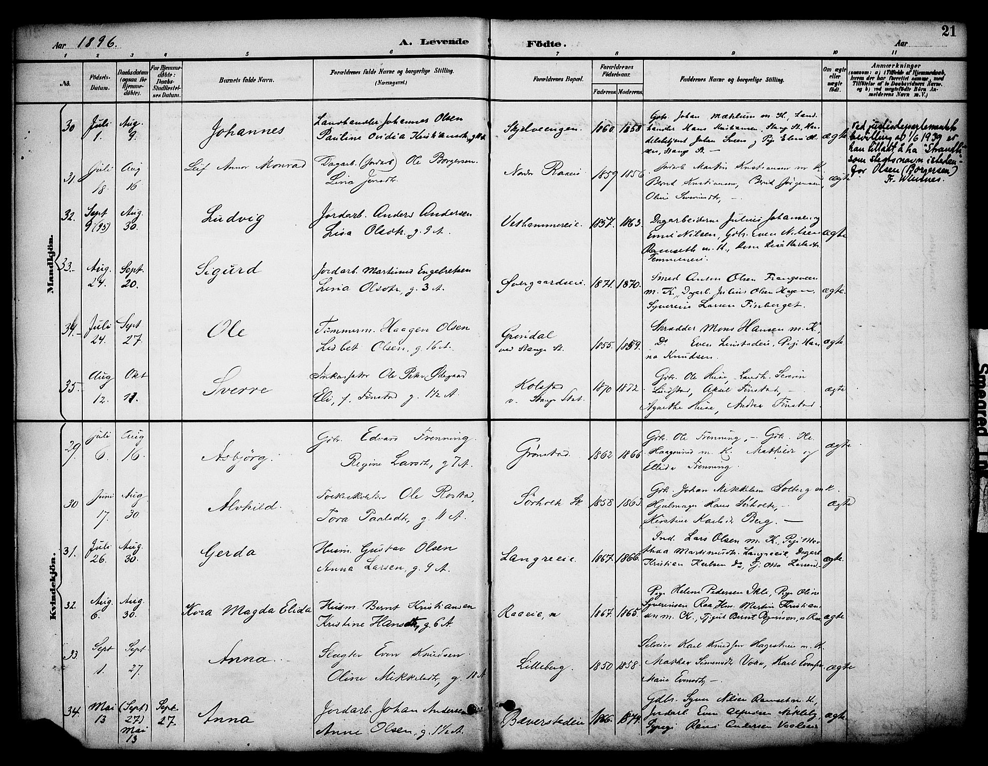 Stange prestekontor, SAH/PREST-002/K/L0020: Parish register (official) no. 20, 1894-1905, p. 21