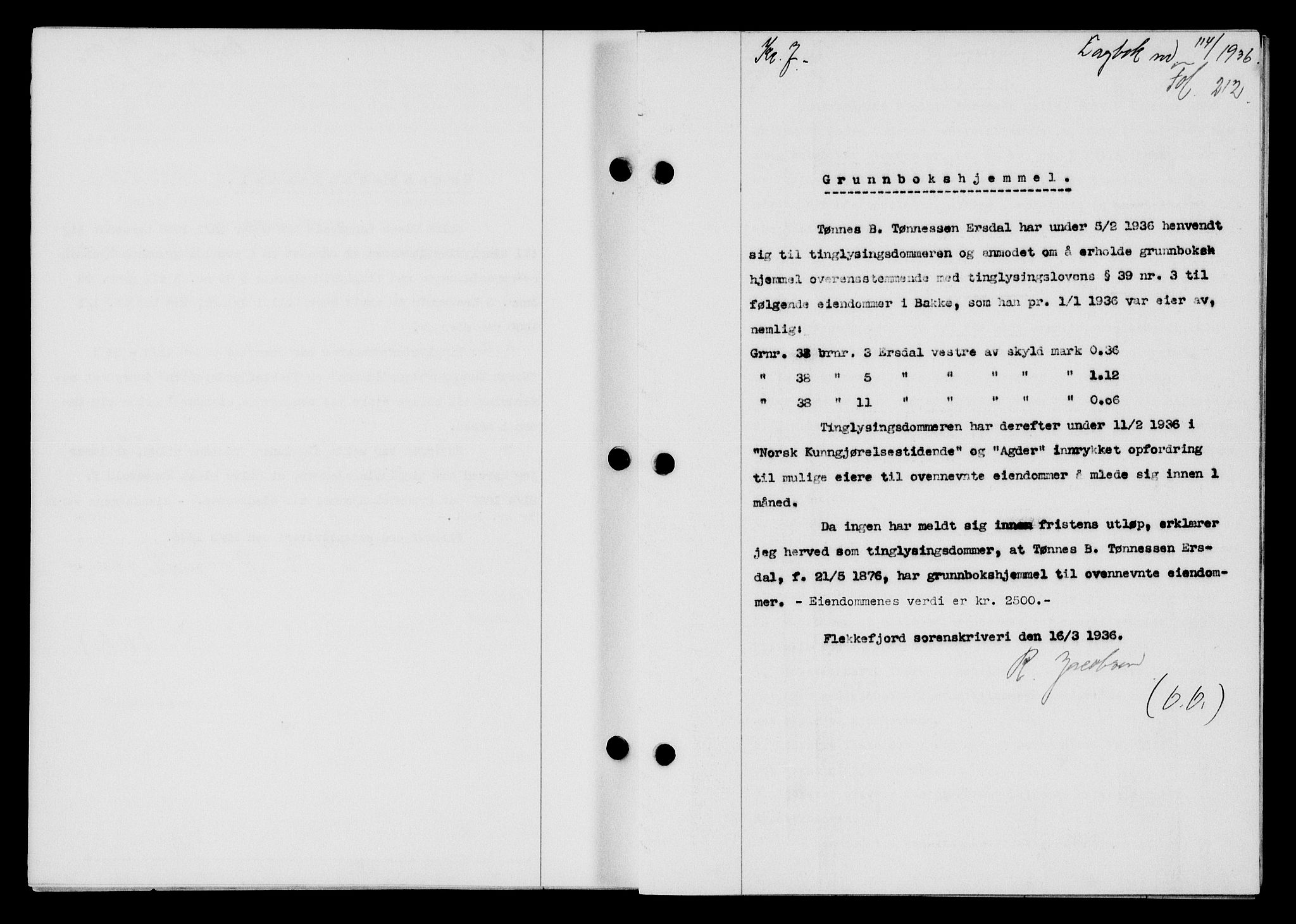 Flekkefjord sorenskriveri, AV/SAK-1221-0001/G/Gb/Gba/L0052: Mortgage book no. 48, 1935-1936, Deed date: 18.03.1936