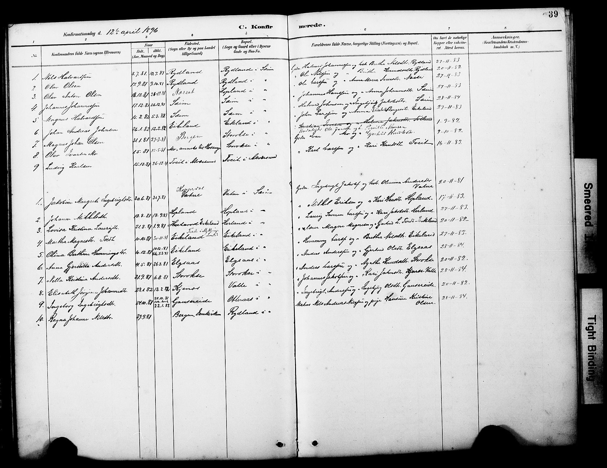 Alversund Sokneprestembete, SAB/A-73901/H/Ha/Hab: Parish register (copy) no. D 3, 1890-1908, p. 39