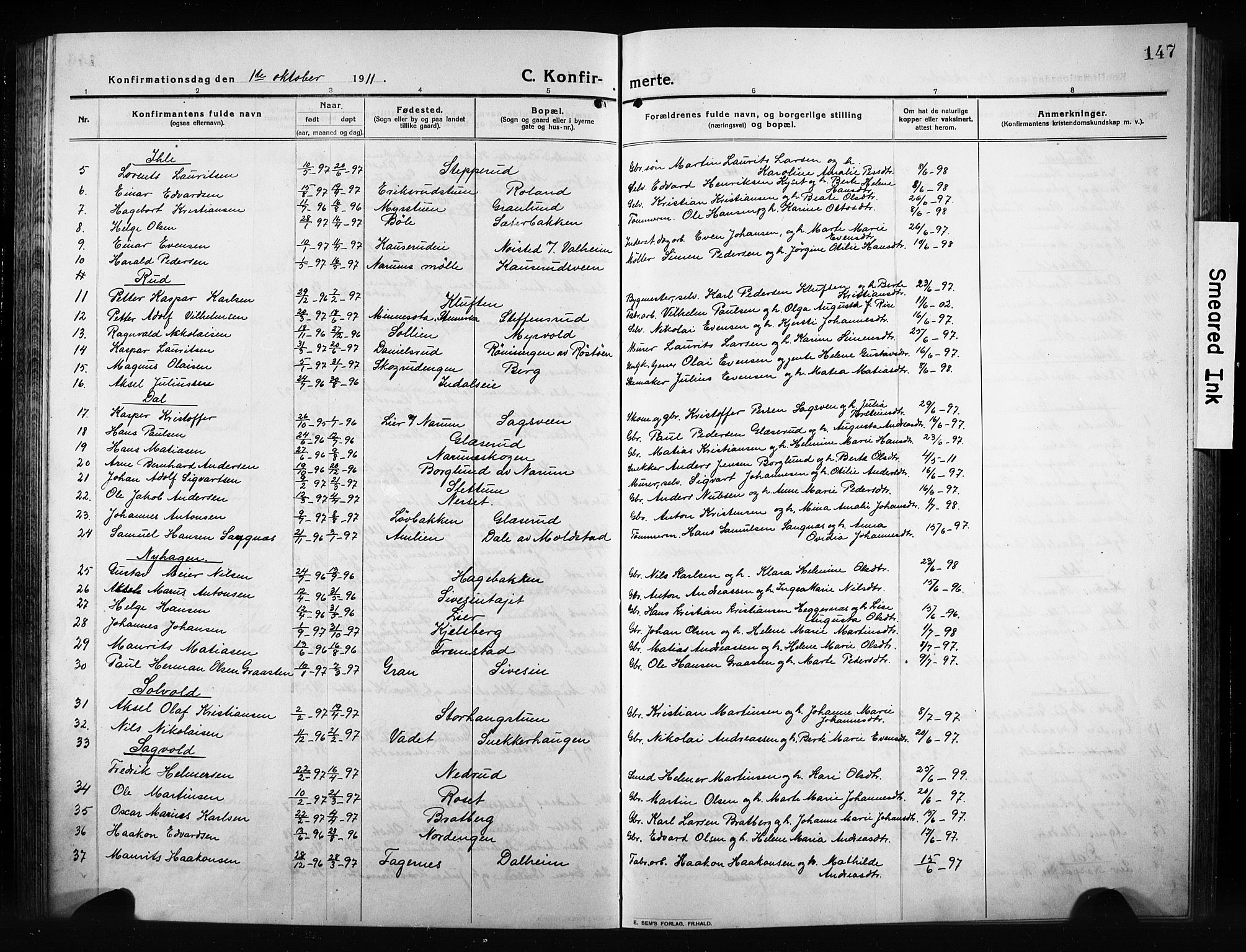 Vestre Toten prestekontor, SAH/PREST-108/H/Ha/Hab/L0012: Parish register (copy) no. 12, 1909-1928, p. 147