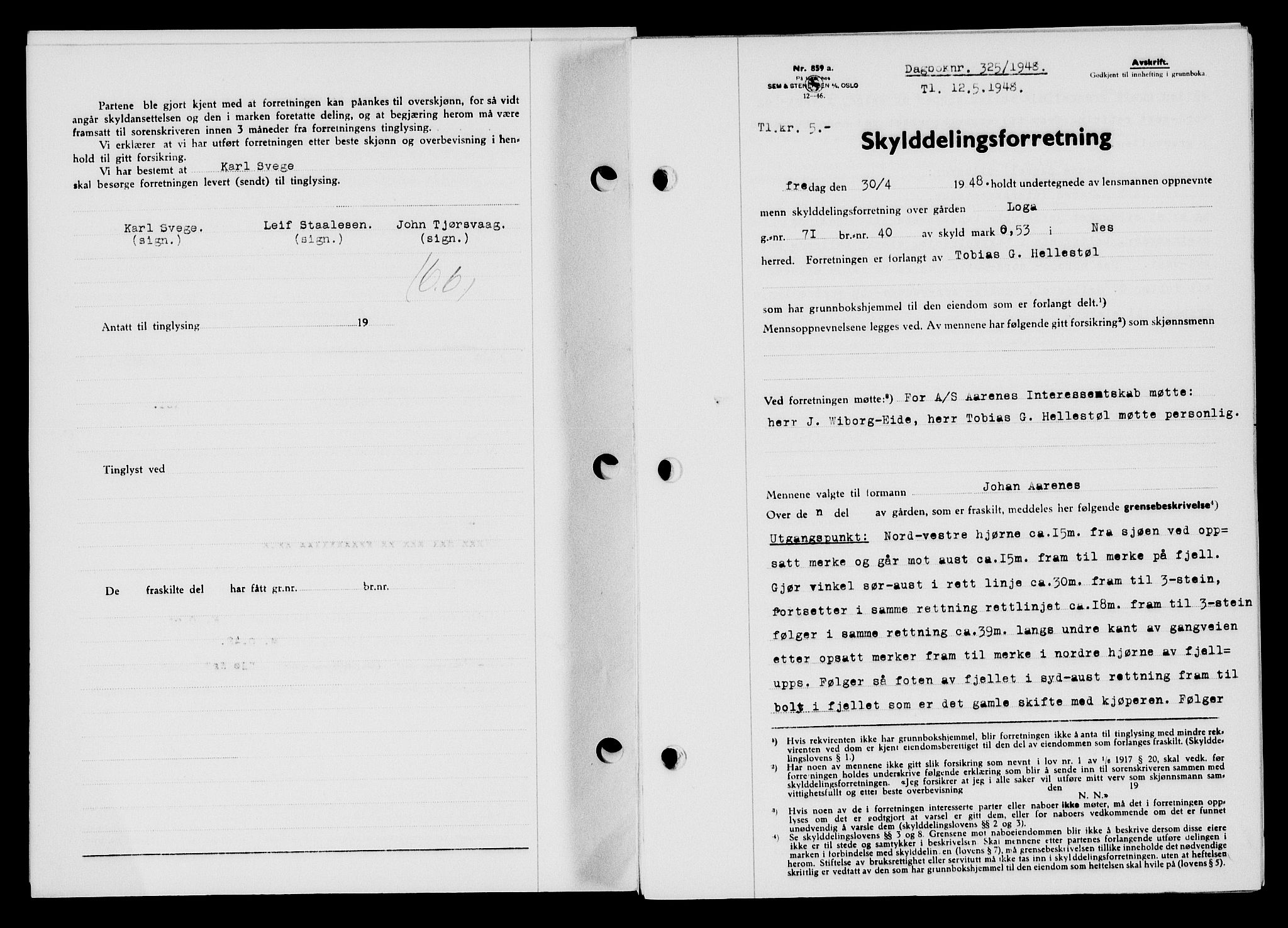 Flekkefjord sorenskriveri, SAK/1221-0001/G/Gb/Gba/L0063: Mortgage book no. A-11, 1947-1948, Diary no: : 325/1948