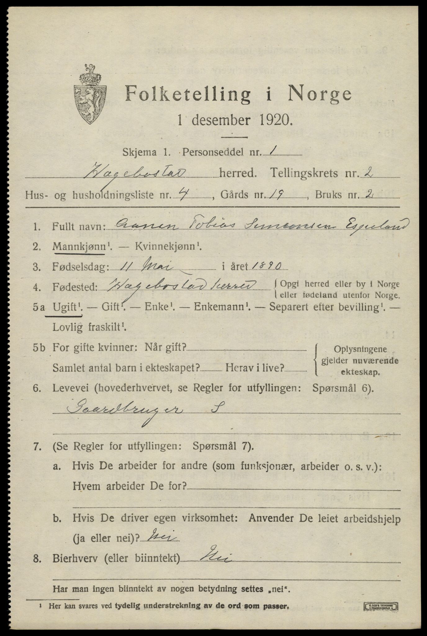 SAK, 1920 census for Hægebostad, 1920, p. 867