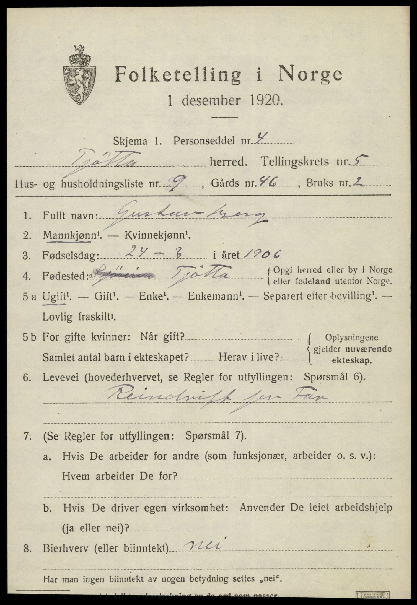 SAT, 1920 census for Tjøtta, 1920, p. 2101