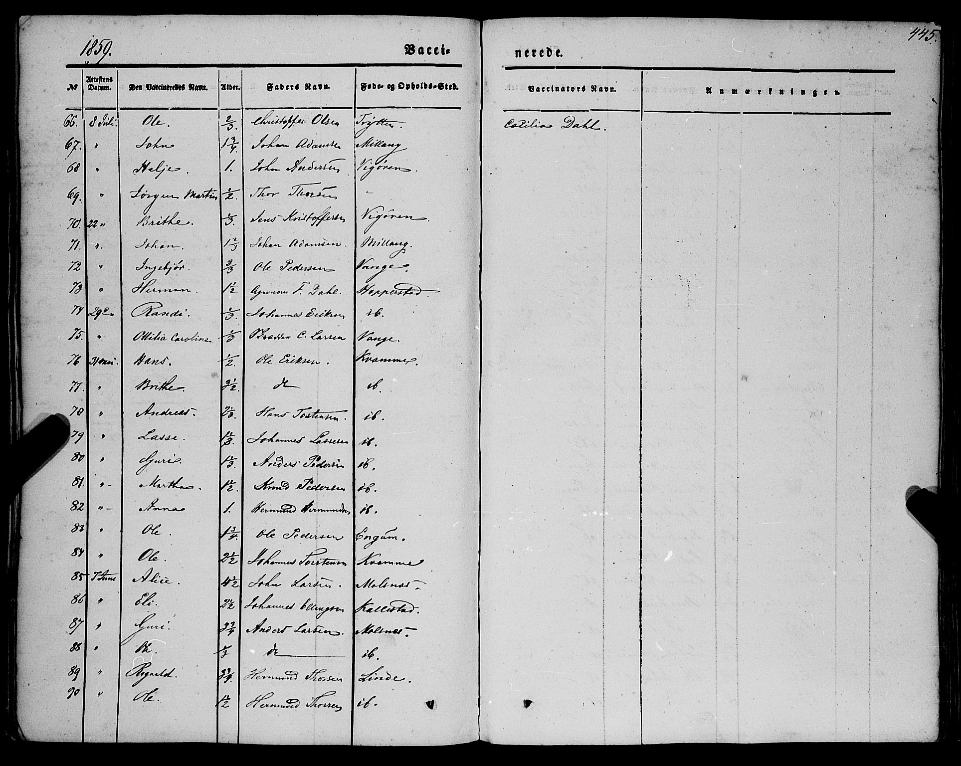 Vik sokneprestembete, SAB/A-81501: Parish register (official) no. A 8, 1846-1865, p. 445