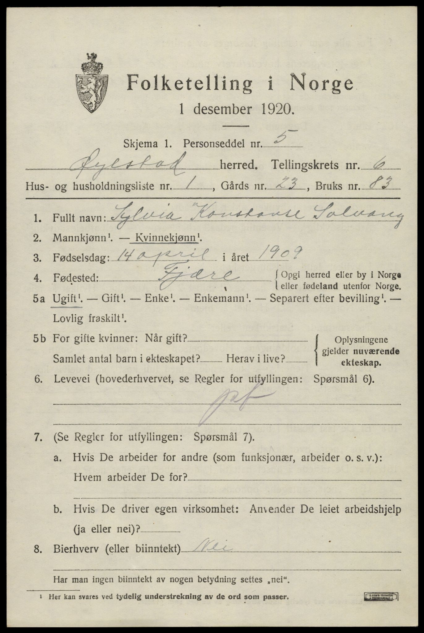 SAK, 1920 census for Øyestad, 1920, p. 4186