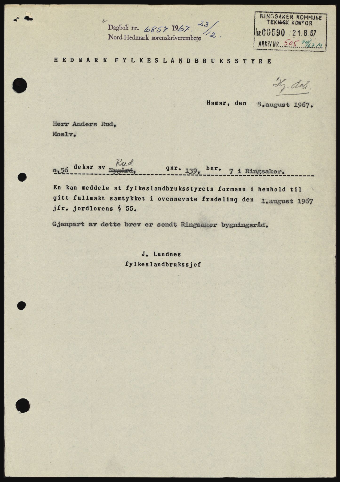 Nord-Hedmark sorenskriveri, SAH/TING-012/H/Hc/L0027: Mortgage book no. 27, 1967-1968, Diary no: : 6857/1967