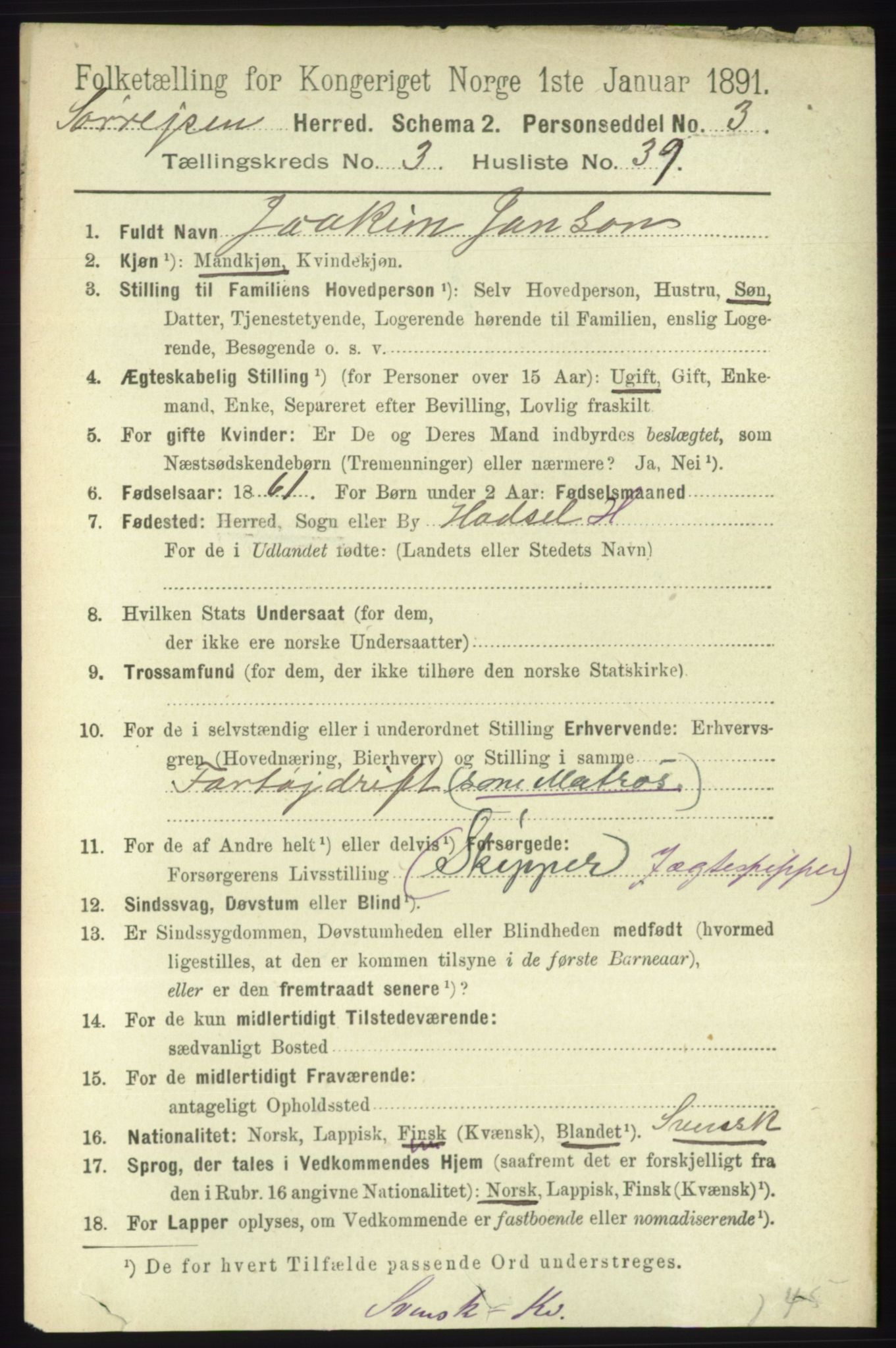 RA, 1891 census for 1925 Sørreisa, 1891, p. 1002