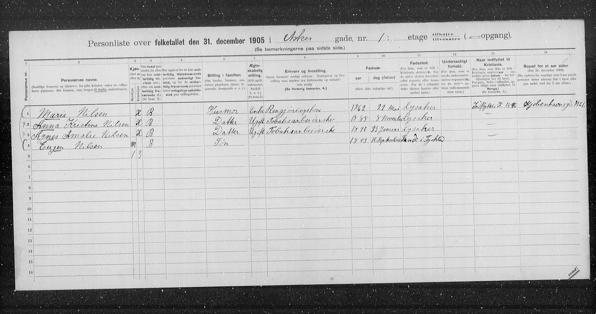 OBA, Municipal Census 1905 for Kristiania, 1905, p. 1286