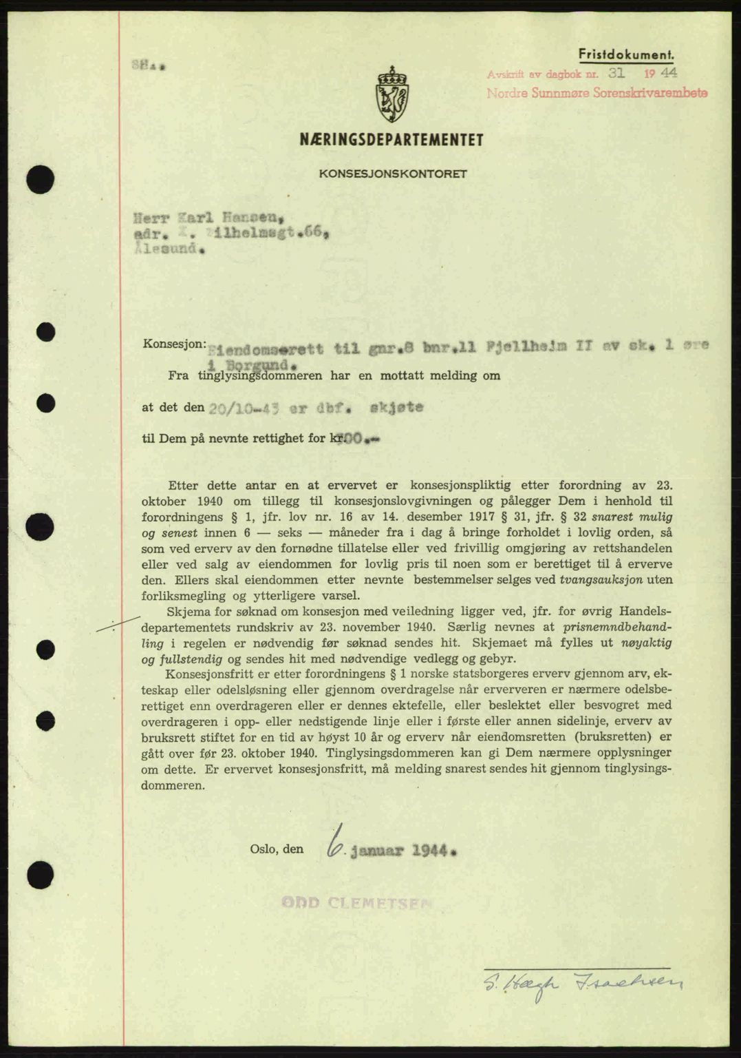 Nordre Sunnmøre sorenskriveri, SAT/A-0006/1/2/2C/2Ca: Mortgage book no. B6-14 a, 1942-1945, Diary no: : 31/1944
