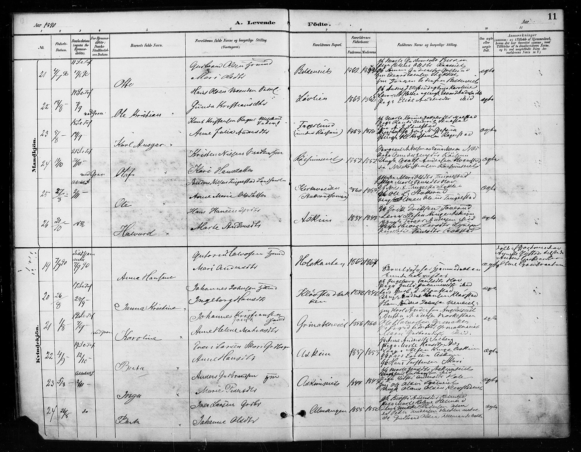 Gran prestekontor, AV/SAH-PREST-112/H/Ha/Haa/L0018: Parish register (official) no. 18, 1889-1899, p. 11