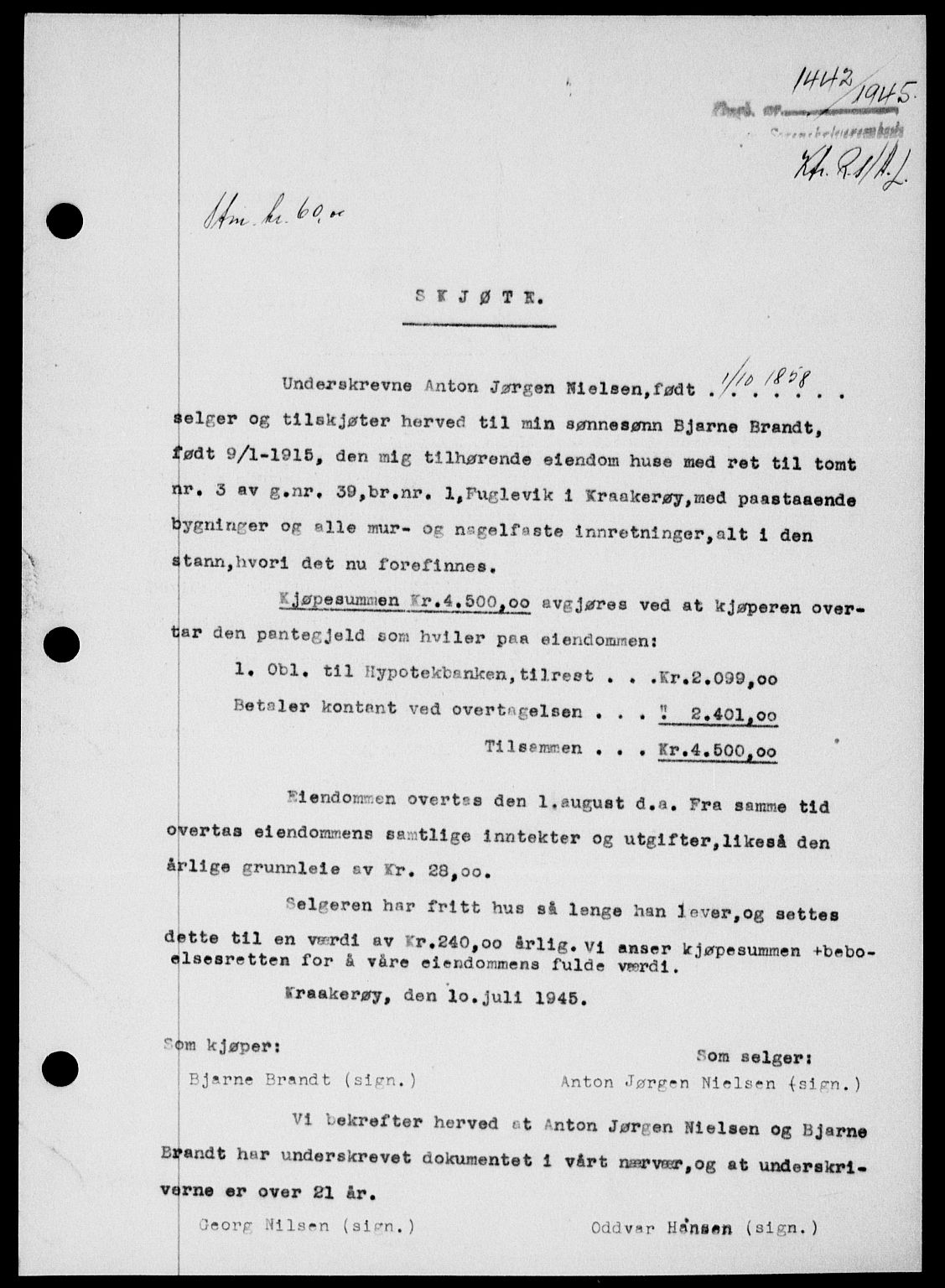 Onsøy sorenskriveri, SAO/A-10474/G/Ga/Gab/L0015: Mortgage book no. II A-15, 1945-1946, Diary no: : 1442/1945