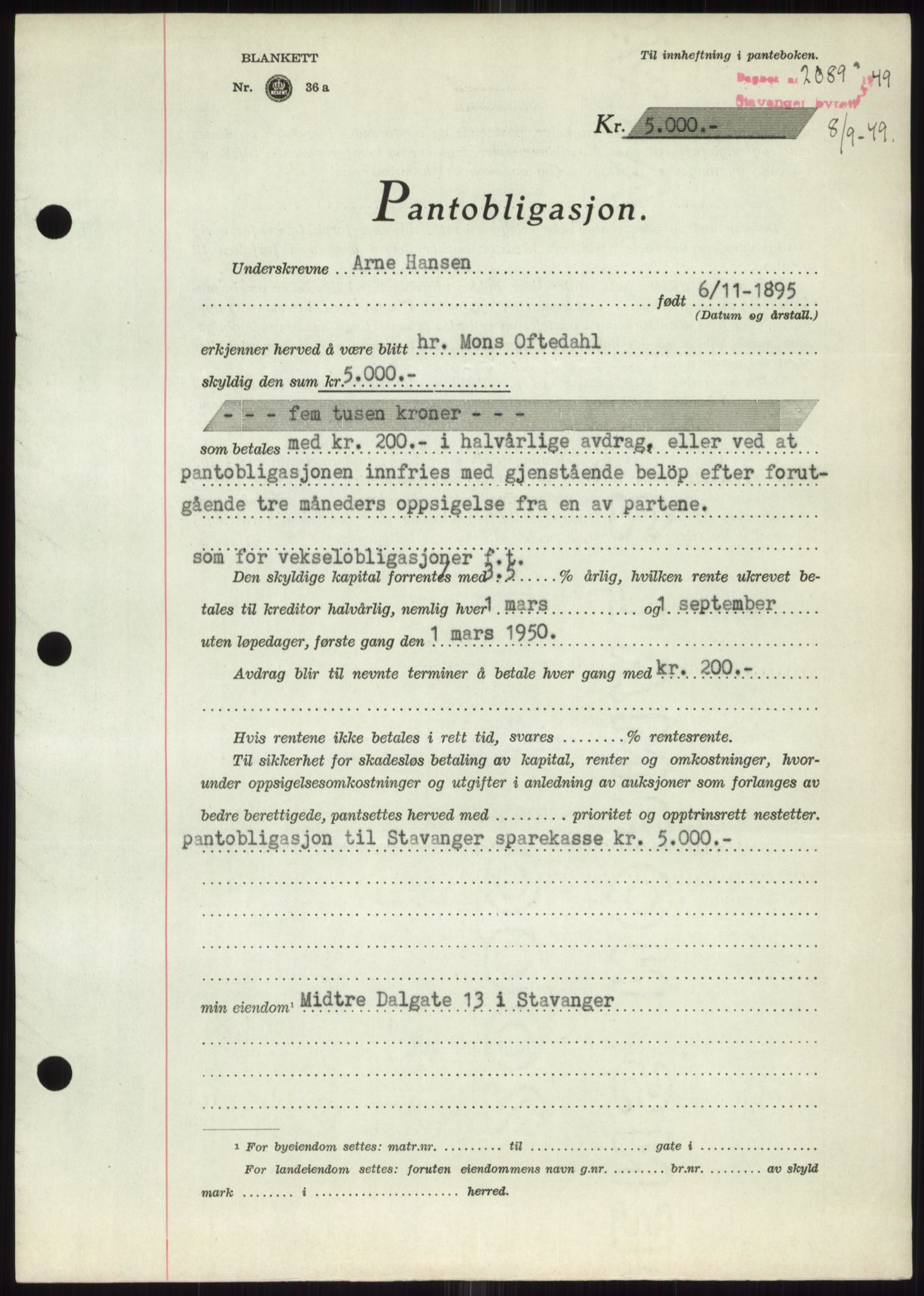 Stavanger byrett, SAST/A-100455/002/G/Gb/L0032: Mortgage book, 1947-1950, Diary no: : 2089/1949