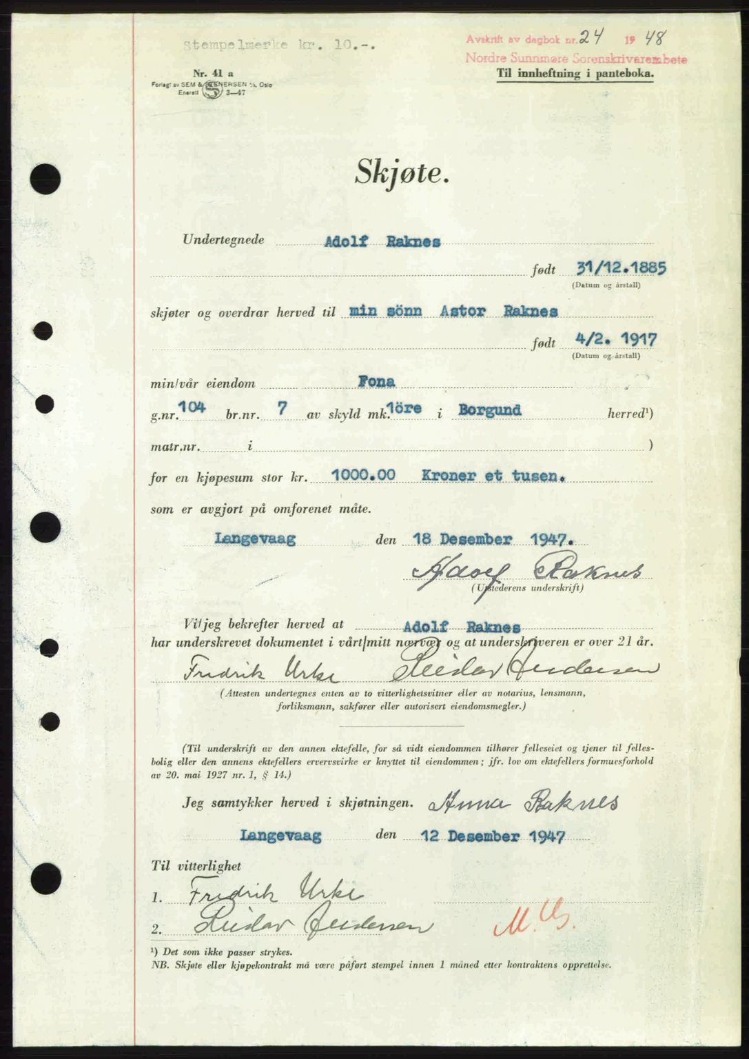 Nordre Sunnmøre sorenskriveri, AV/SAT-A-0006/1/2/2C/2Ca: Mortgage book no. A26, 1947-1948, Diary no: : 24/1948