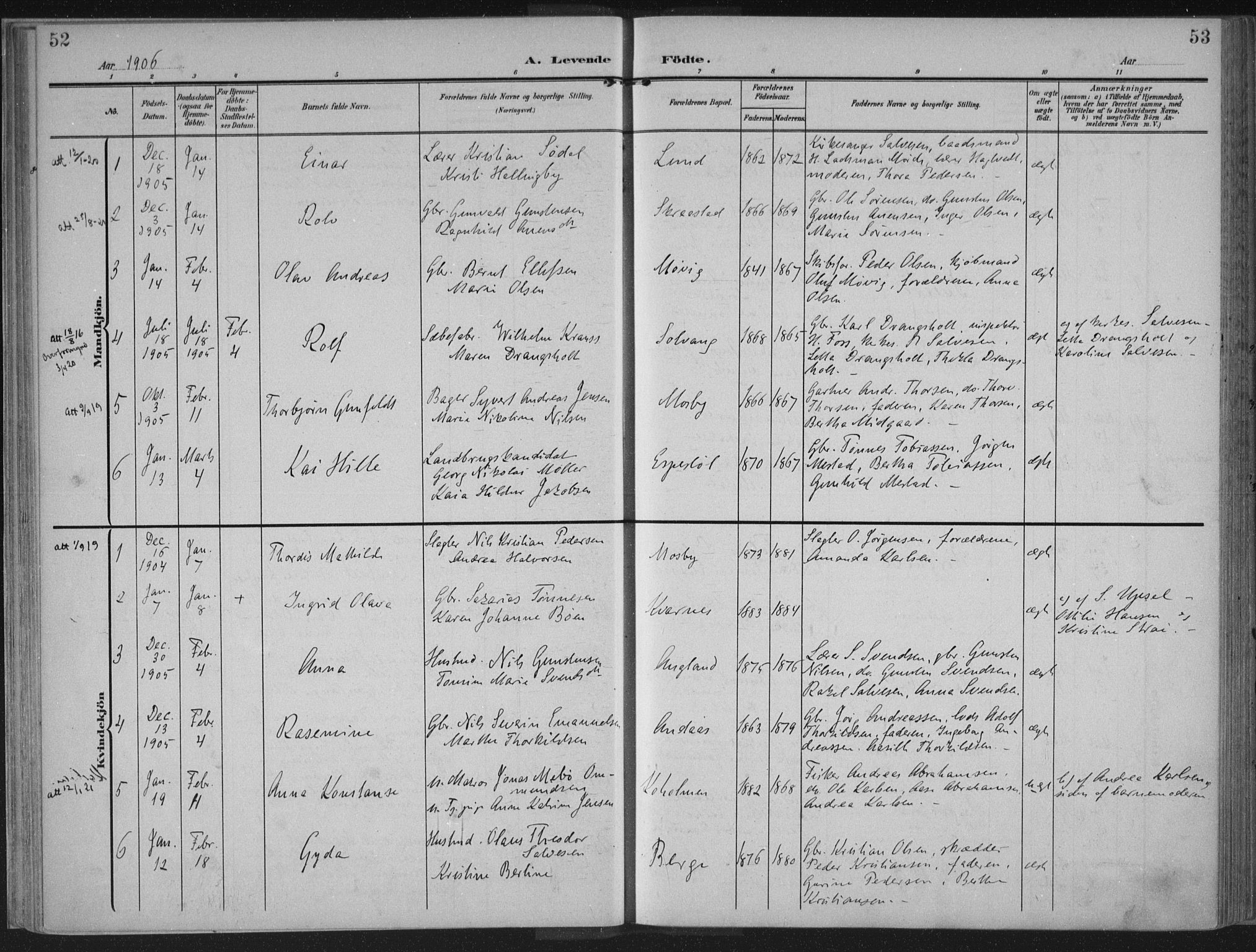 Oddernes sokneprestkontor, AV/SAK-1111-0033/F/Fa/Faa/L0011: Parish register (official) no. A 11, 1904-1911, p. 52-53