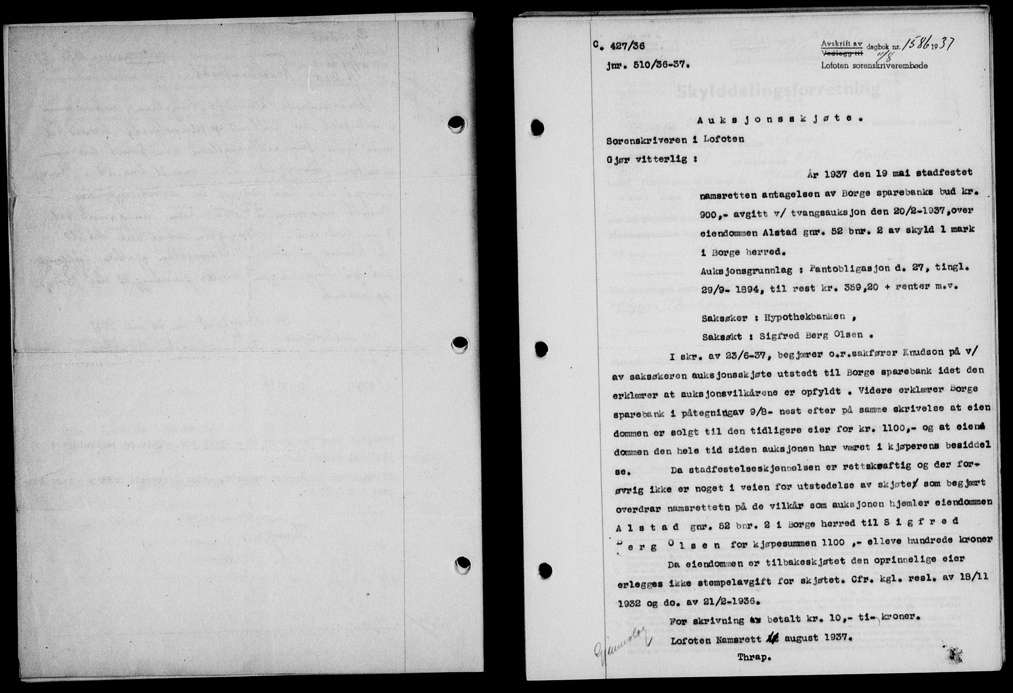 Lofoten sorenskriveri, SAT/A-0017/1/2/2C/L0002a: Mortgage book no. 2a, 1937-1937, Diary no: : 1586/1937