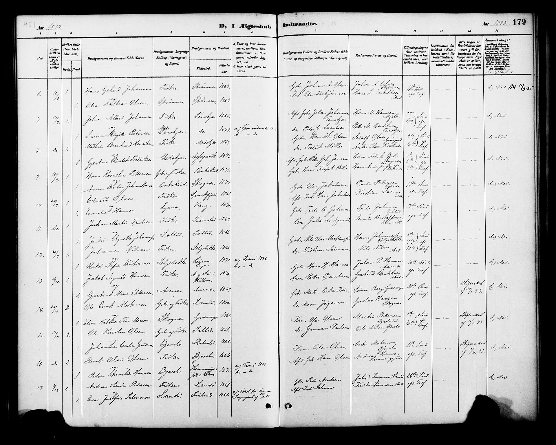 Lenvik sokneprestembete, SATØ/S-1310/H/Ha/Haa/L0013kirke: Parish register (official) no. 13, 1890-1898, p. 179
