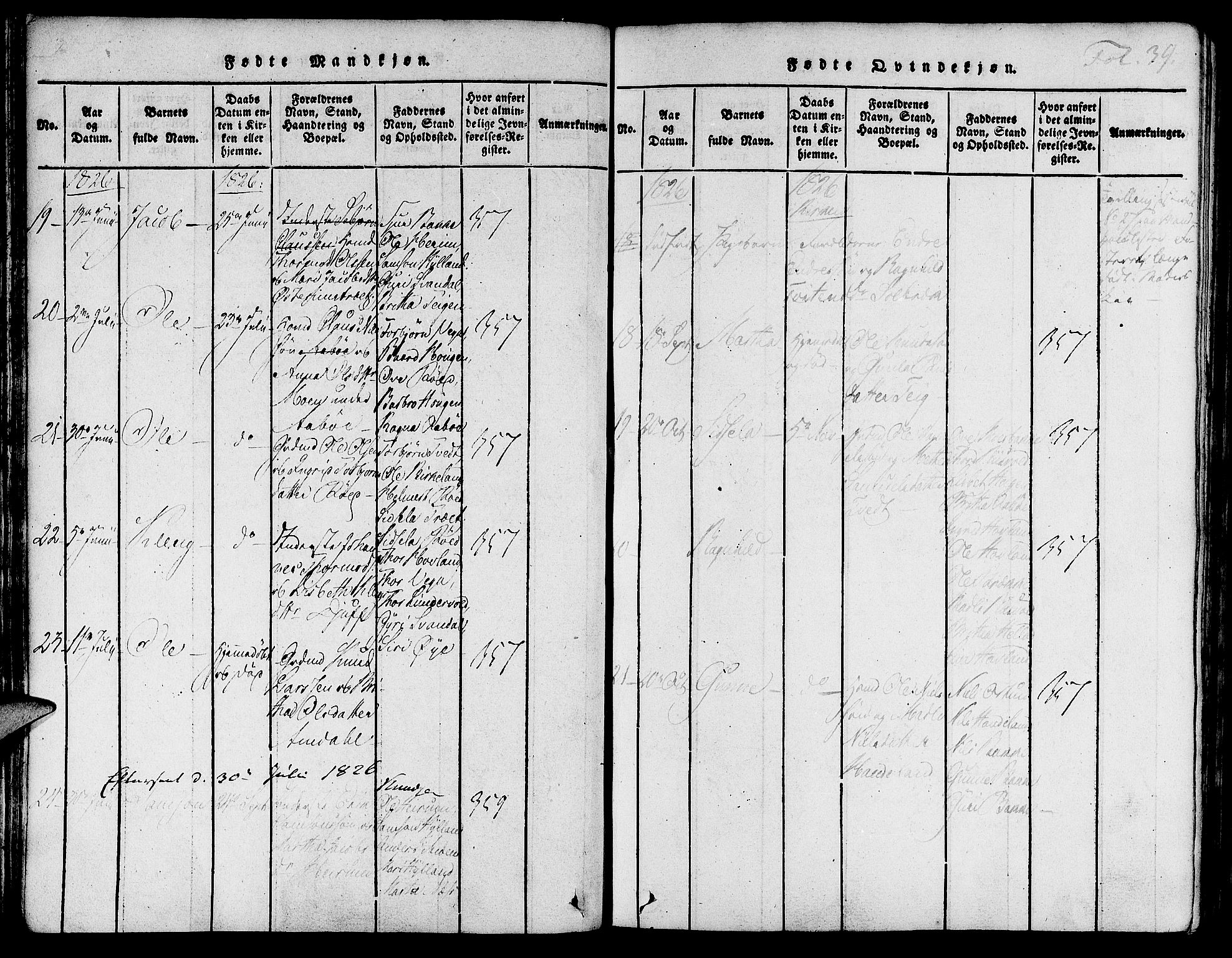 Suldal sokneprestkontor, AV/SAST-A-101845/01/IV/L0007: Parish register (official) no. A 7, 1817-1838, p. 39