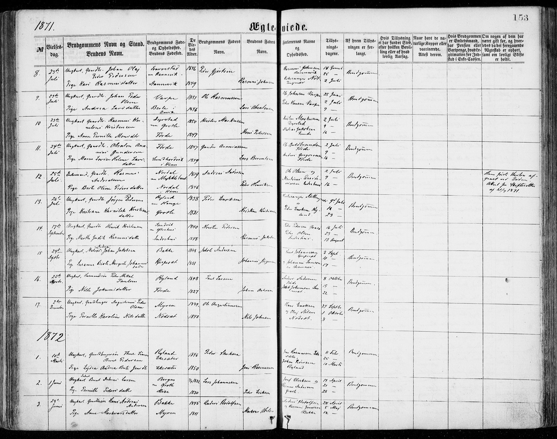 Bremanger sokneprestembete, SAB/A-82201/H/Haa/Haaa/L0001: Parish register (official) no. A  1, 1864-1883, p. 153