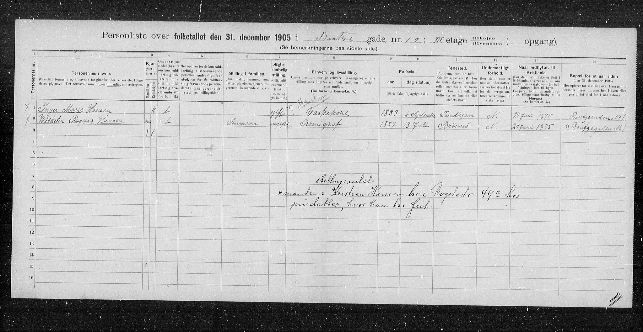 OBA, Municipal Census 1905 for Kristiania, 1905, p. 1789