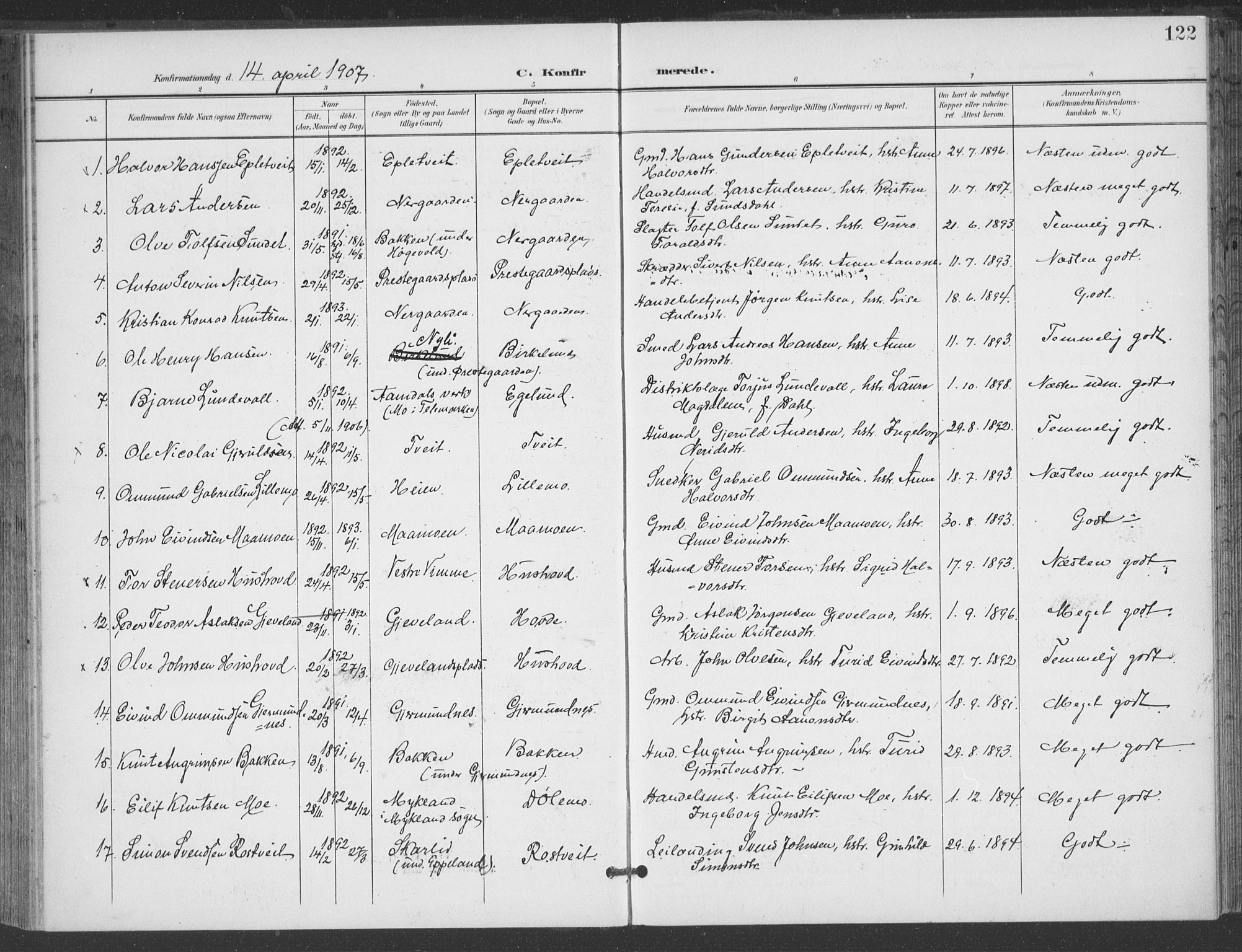 Åmli sokneprestkontor, AV/SAK-1111-0050/F/Fa/Fac/L0012: Parish register (official) no. A 12, 1900-1914, p. 122