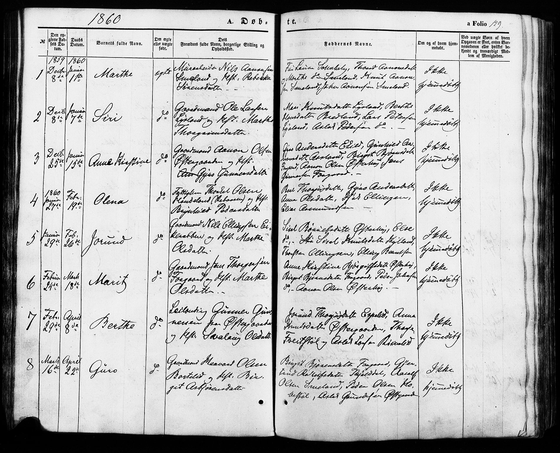 Åseral sokneprestkontor, SAK/1111-0051/F/Fa/L0002: Parish register (official) no. A 2, 1854-1884, p. 129
