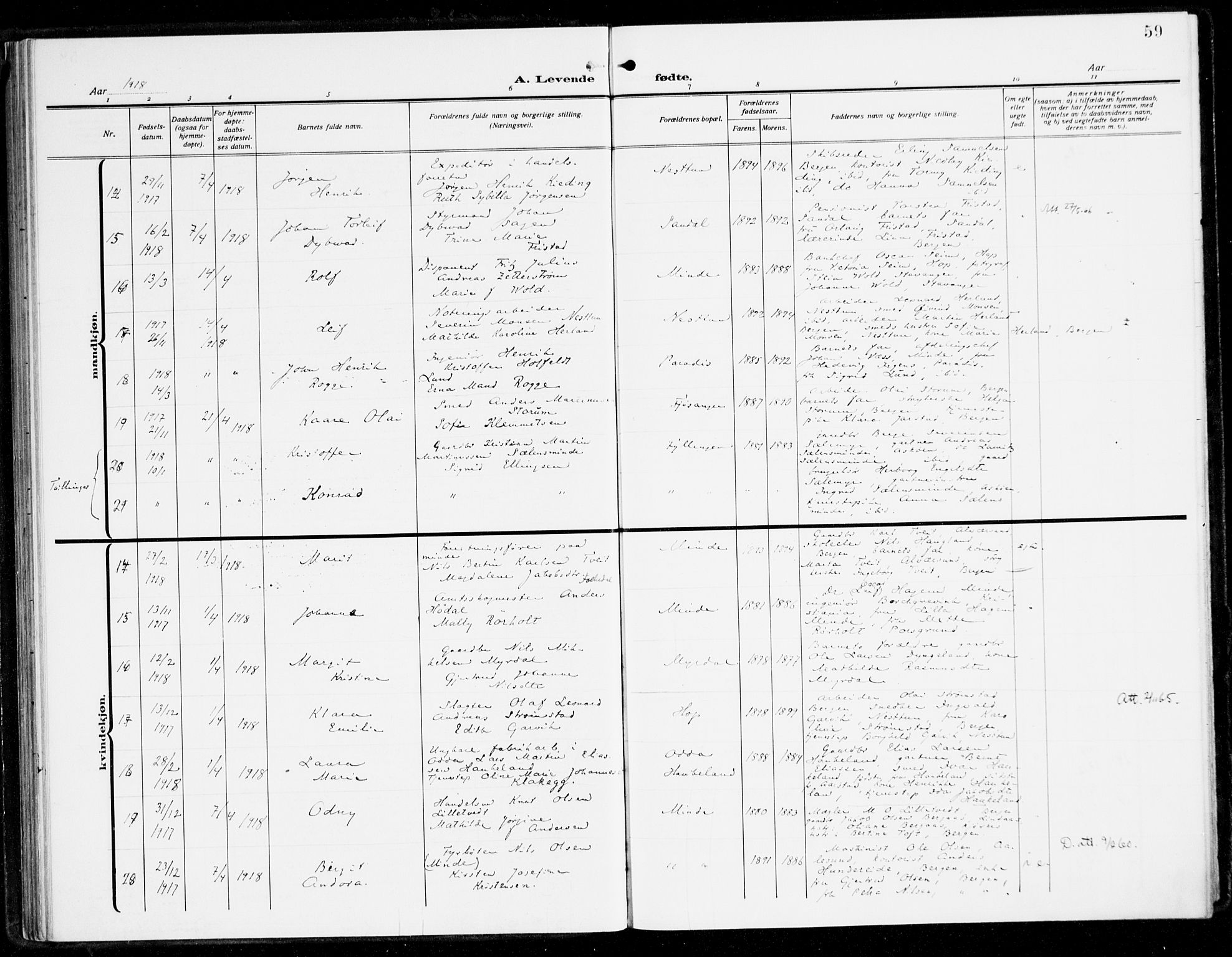 Fana Sokneprestembete, AV/SAB-A-75101/H/Haa/Haai/L0004: Parish register (official) no. I 4, 1912-1933, p. 59