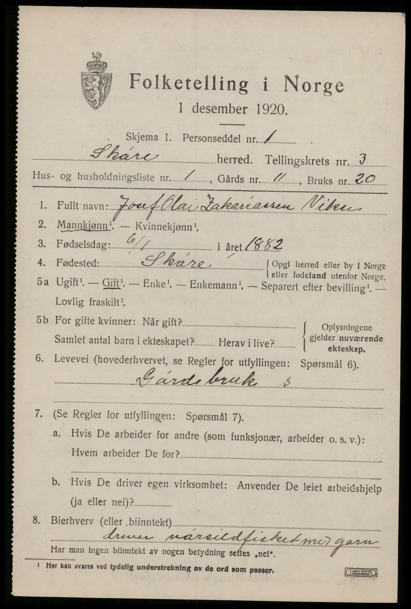 SAST, 1920 census for Skåre, 1920, p. 1624