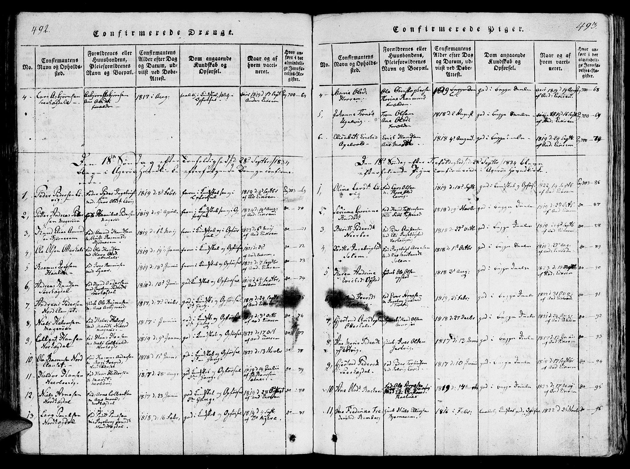 Ministerialprotokoller, klokkerbøker og fødselsregistre - Møre og Romsdal, AV/SAT-A-1454/560/L0718: Parish register (official) no. 560A02, 1817-1844, p. 492-493