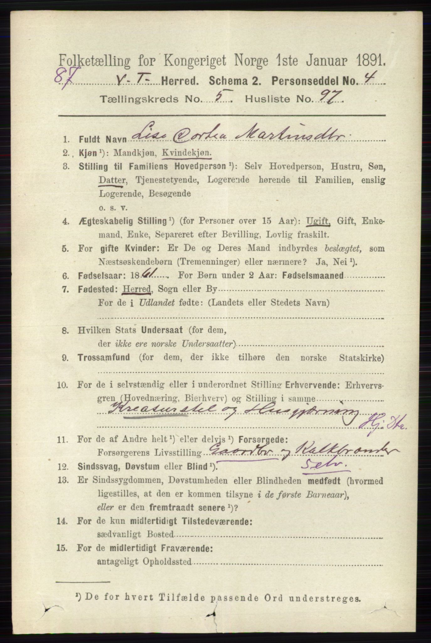 RA, 1891 census for 0529 Vestre Toten, 1891, p. 3730