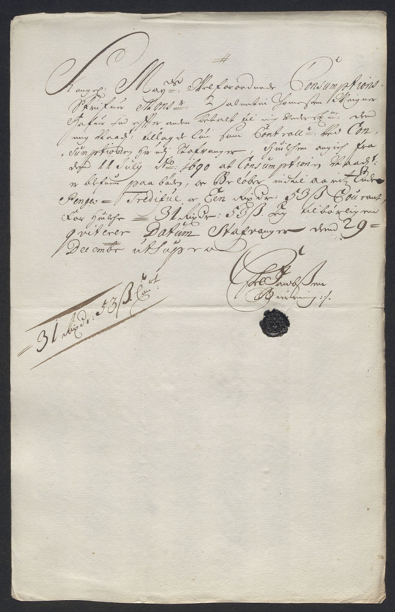 Rentekammeret inntil 1814, Reviderte regnskaper, Byregnskaper, AV/RA-EA-4066/R/Ro/L0333: [O25] Konsumpsjonsregnskap, 1690-1704, p. 28