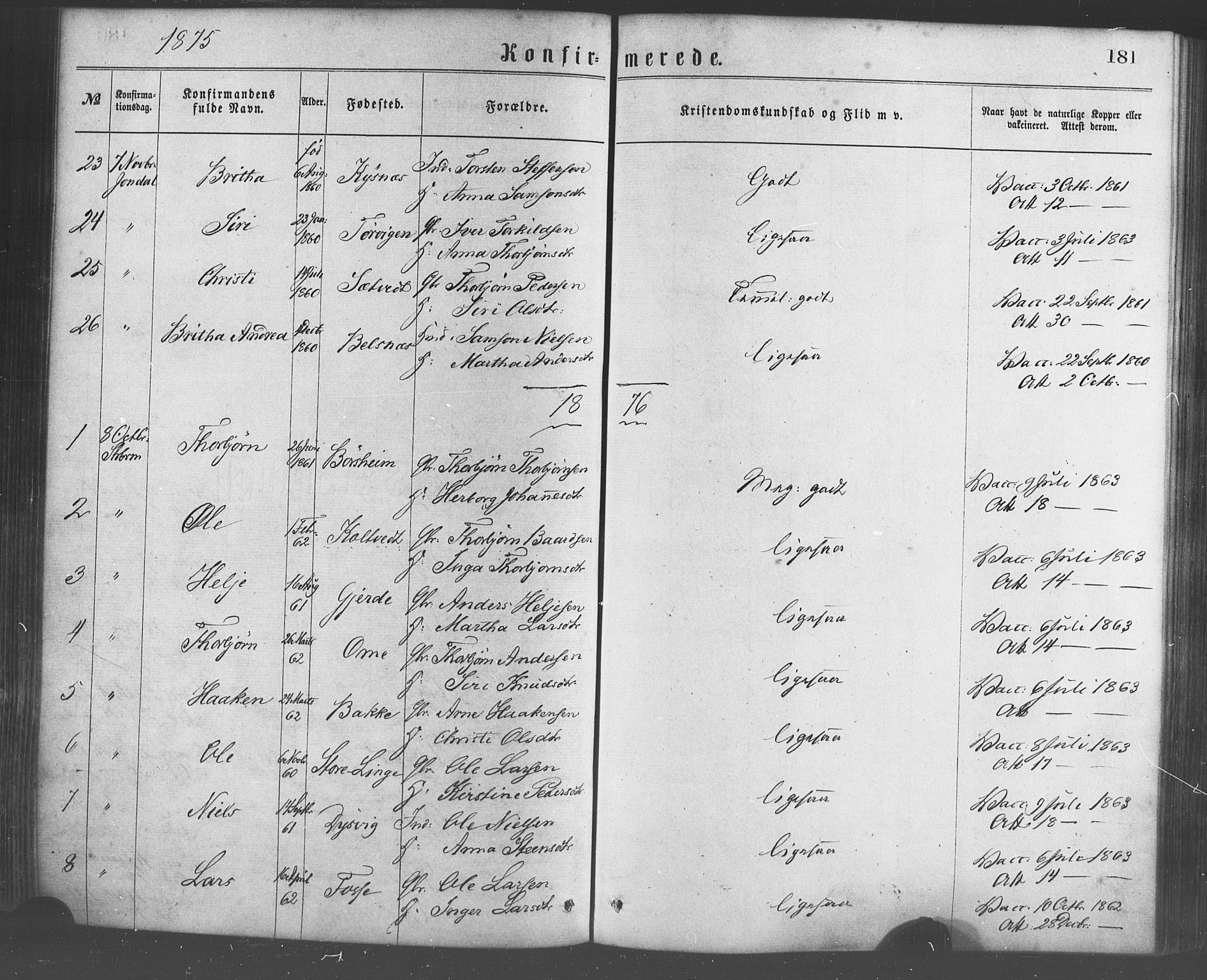 Strandebarm sokneprestembete, AV/SAB-A-78401/H/Haa: Parish register (official) no. A 9, 1872-1886, p. 181