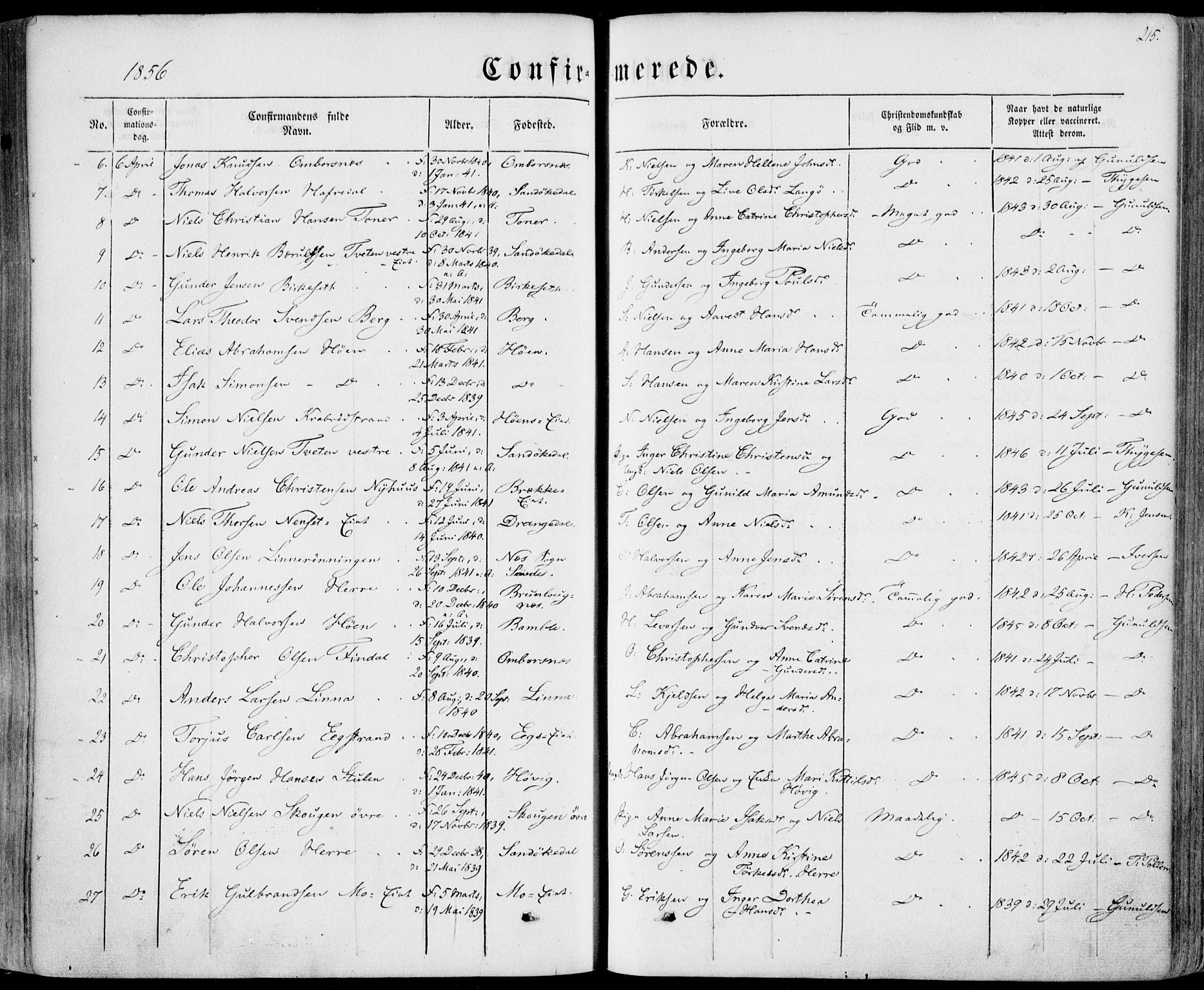 Bamble kirkebøker, AV/SAKO-A-253/F/Fa/L0005: Parish register (official) no. I 5, 1854-1869, p. 215